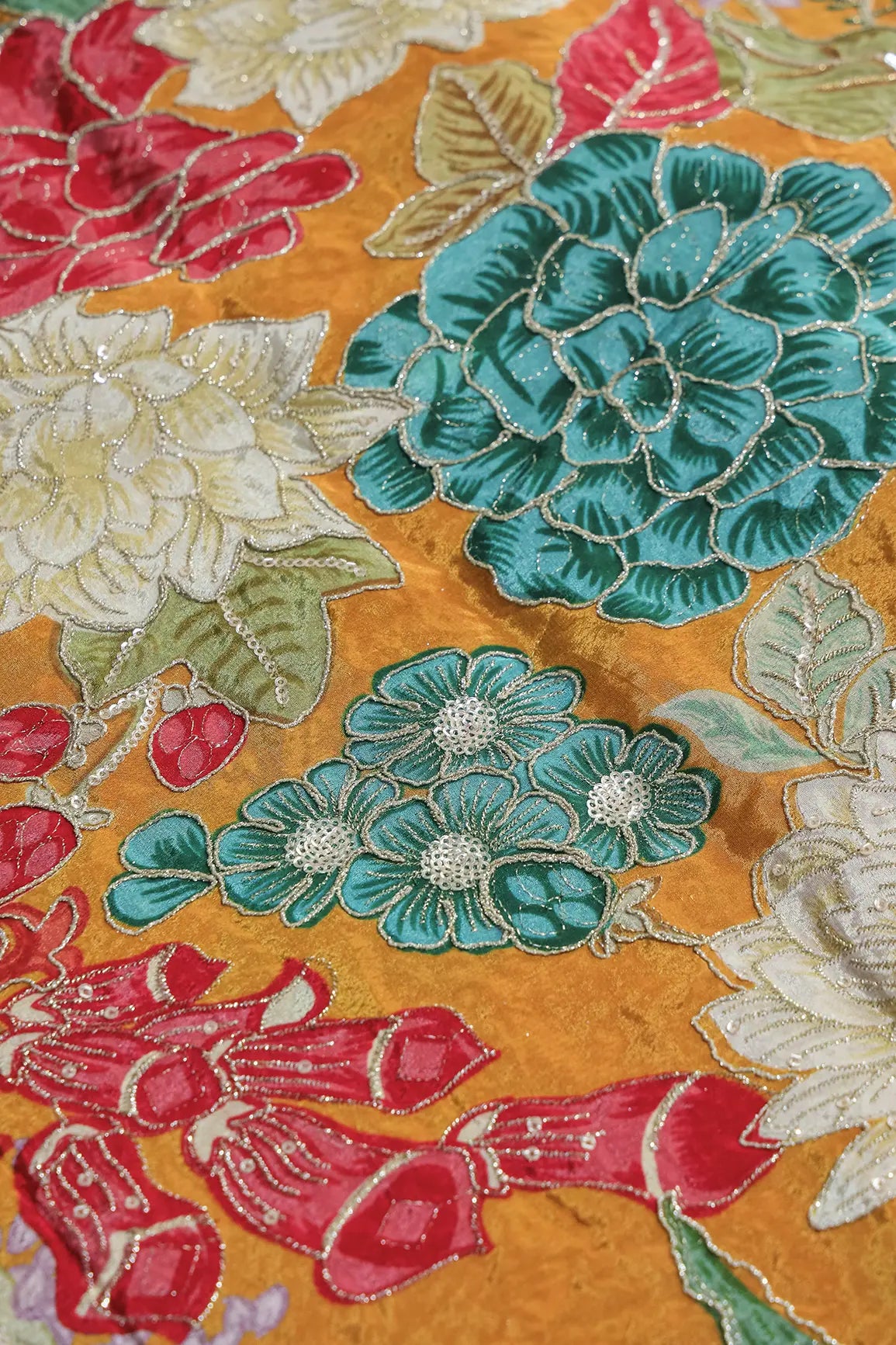 Zari with Sequins Floral Positional Print On Mustard Yellow Pure Crepe Fabric