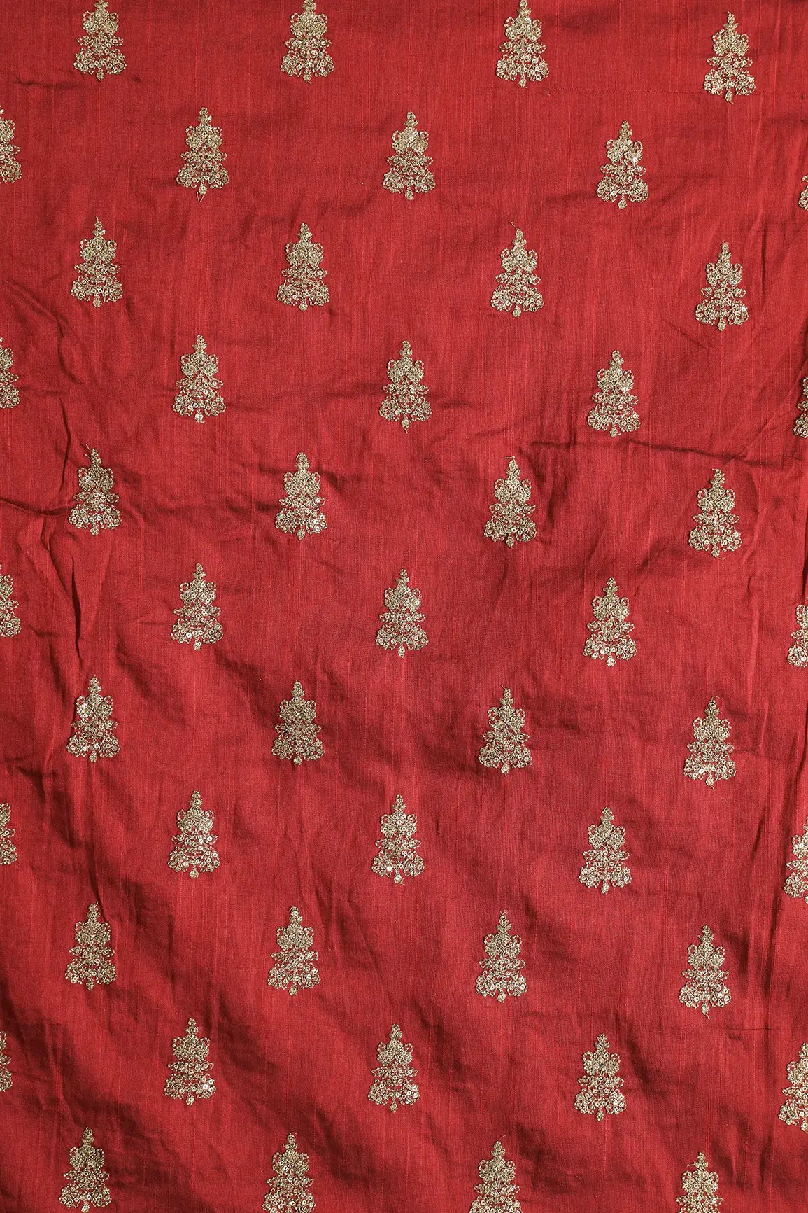 Gold Sequins With Gold Zari Big Motif Embroidery Work On Maroon Raw Silk Fabric