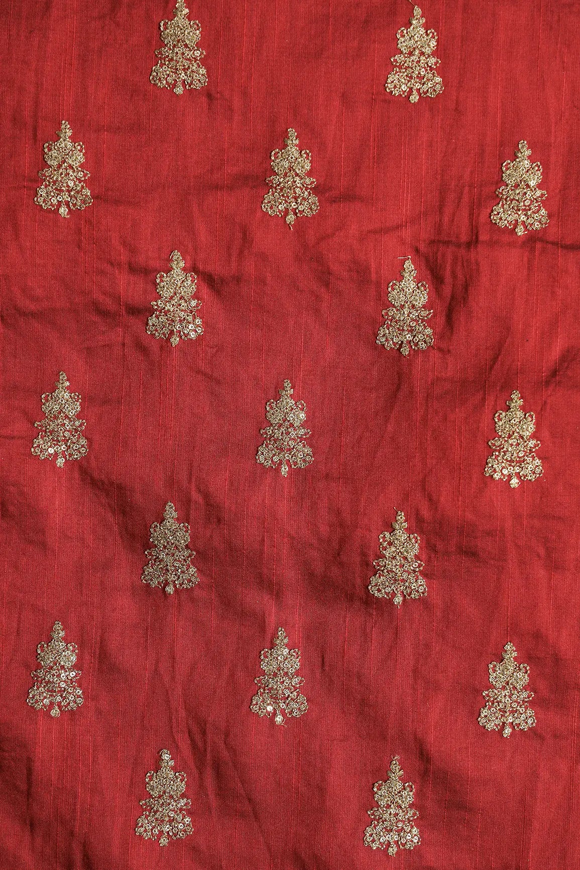 Gold Sequins With Gold Zari Big Motif Embroidery Work On Maroon Raw Silk Fabric