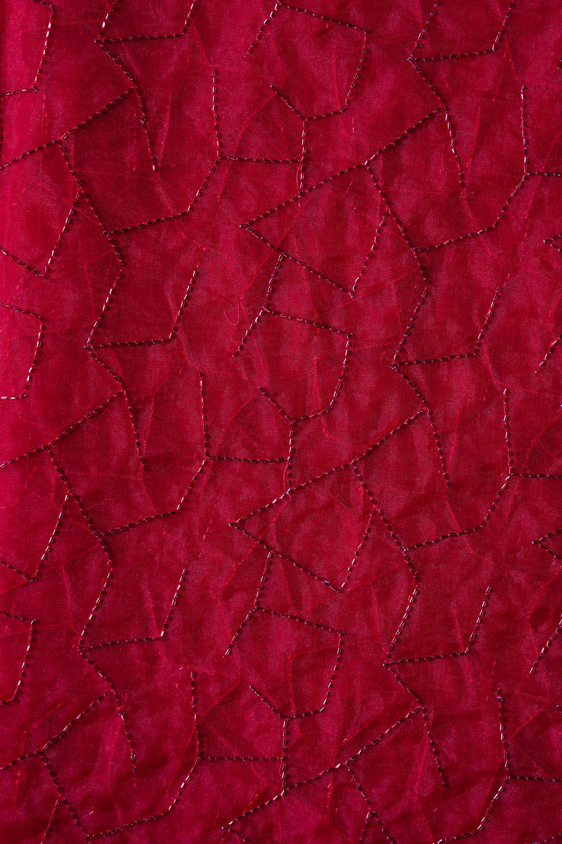 Cut Dana Beads Appealing Abstract Embroidery On Red Organza Fabric