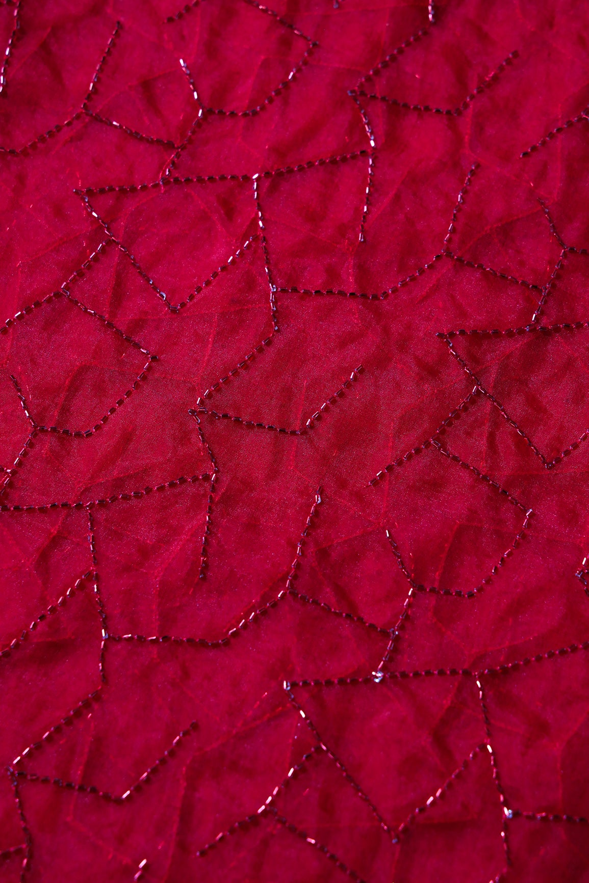 Cut Dana Beads Appealing Abstract Embroidery On Red Organza Fabric
