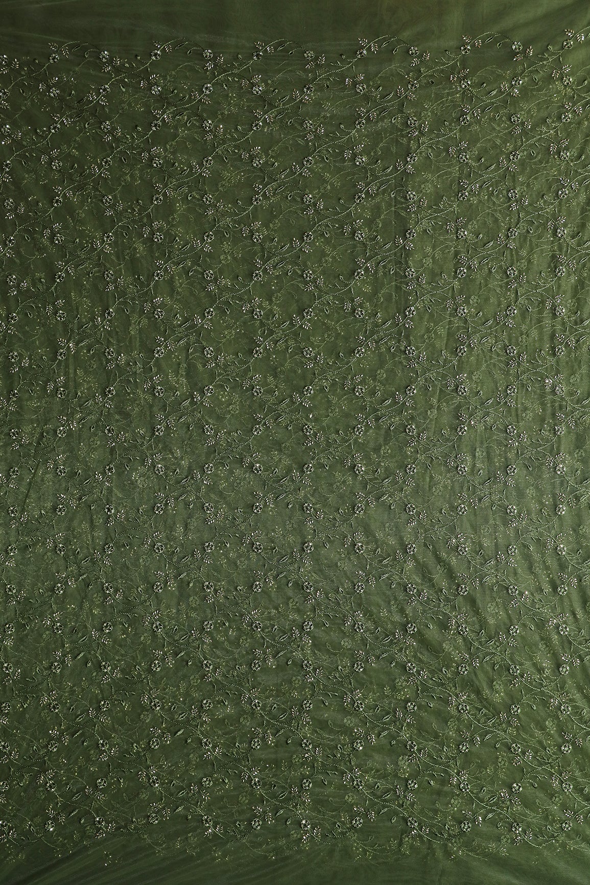 Mehndi Green Thread With Beads Floral Leafy Embroidery Work On Mehndi Green Soft Net Fabric