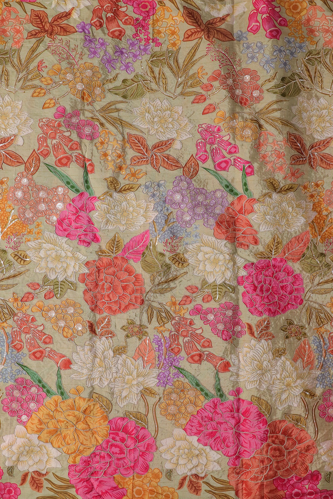 Zari with Sequins Floral Positional Print On Pastel Olive Pure Crepe Fabric