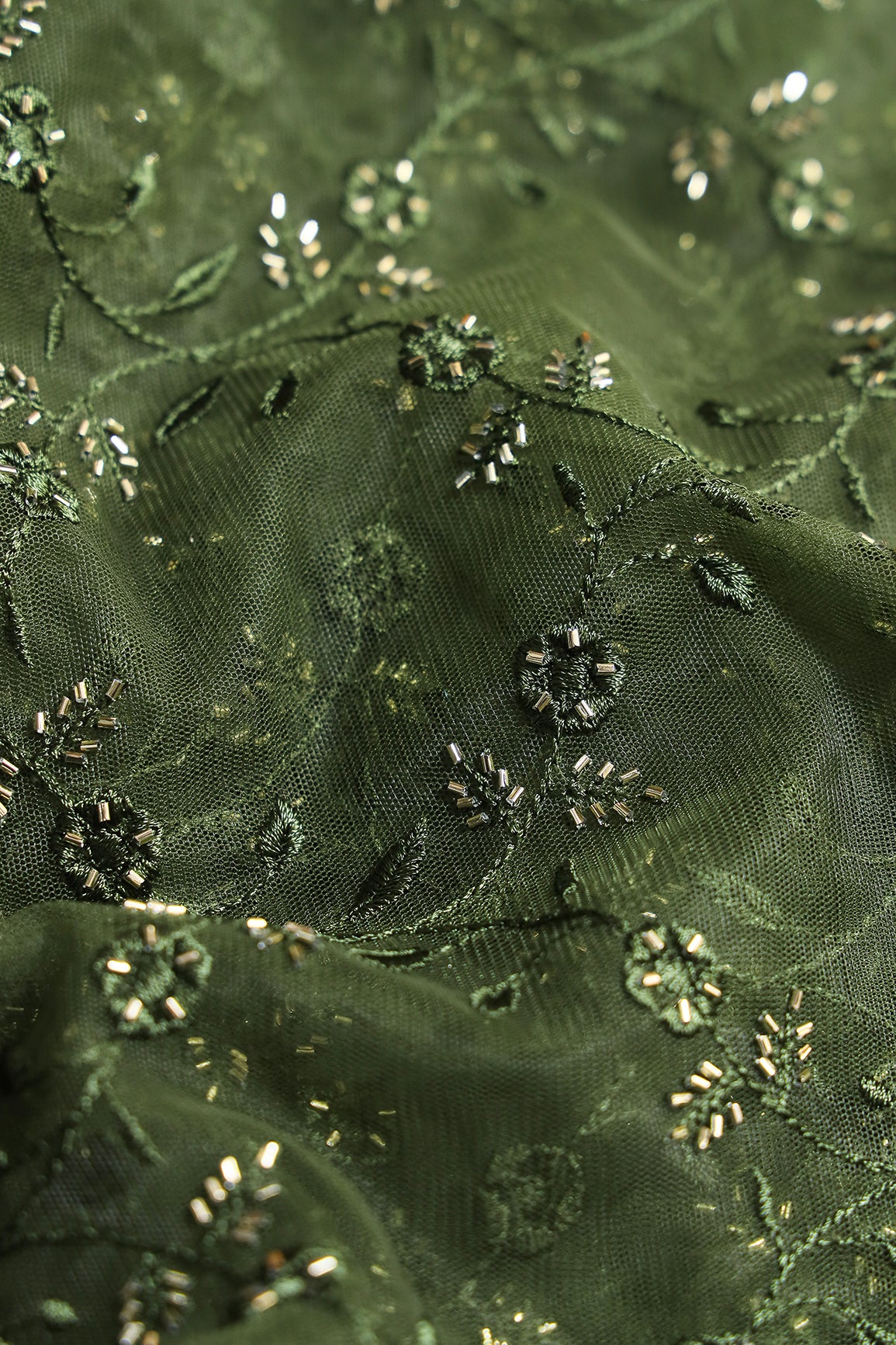 Mehndi Green Thread With Beads Floral Leafy Embroidery Work On Mehndi Green Soft Net Fabric