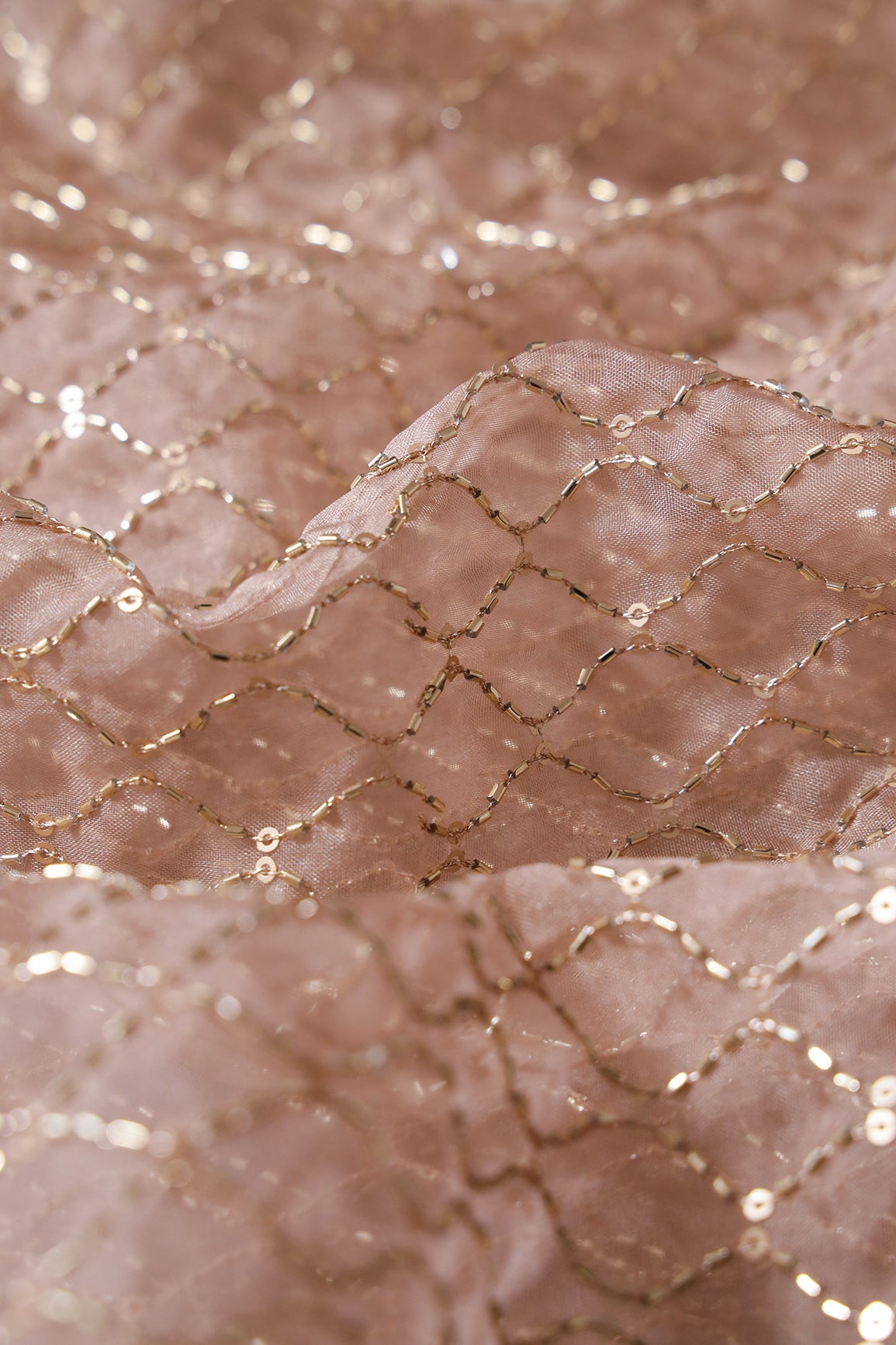 Cut Dana Beads Beautiful Ogee Embroidery On Beige Organza Fabric