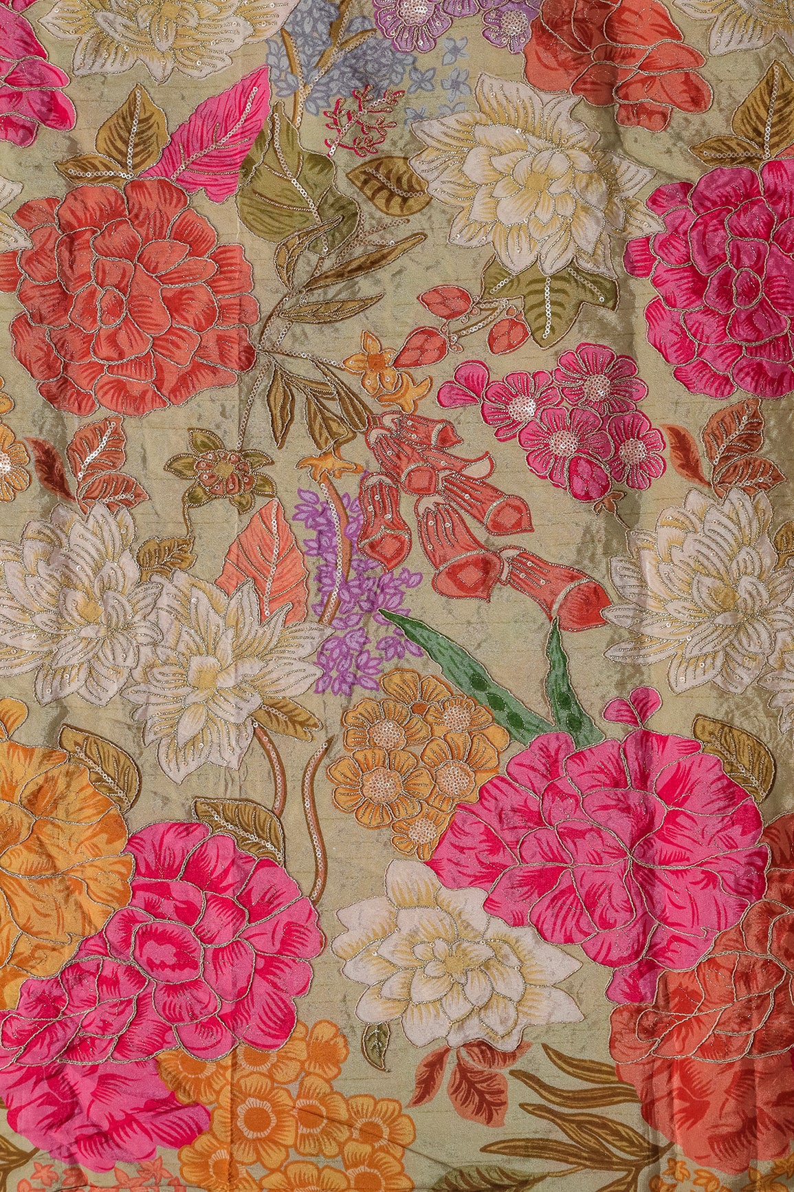 Zari with Sequins Floral Positional Print On Pastel Olive Pure Crepe Fabric