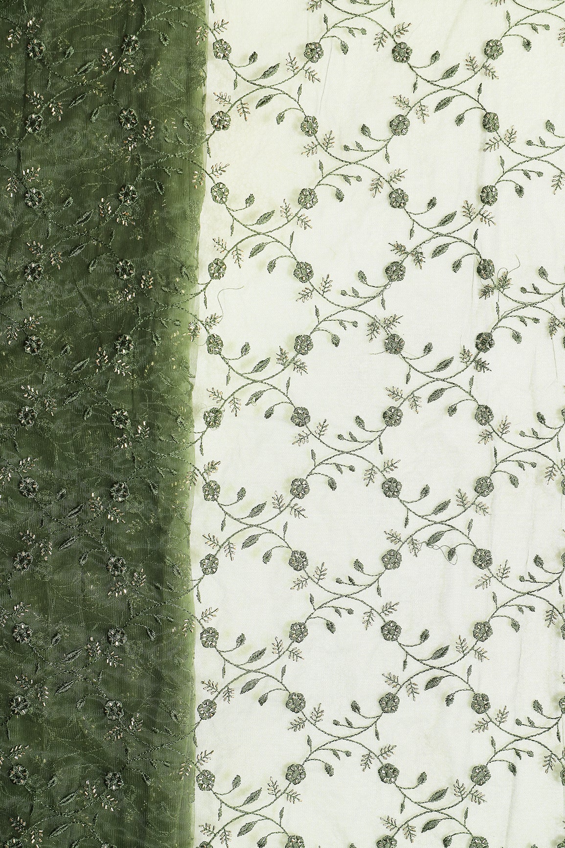 Mehndi Green Thread With Beads Floral Leafy Embroidery Work On Mehndi Green Soft Net Fabric