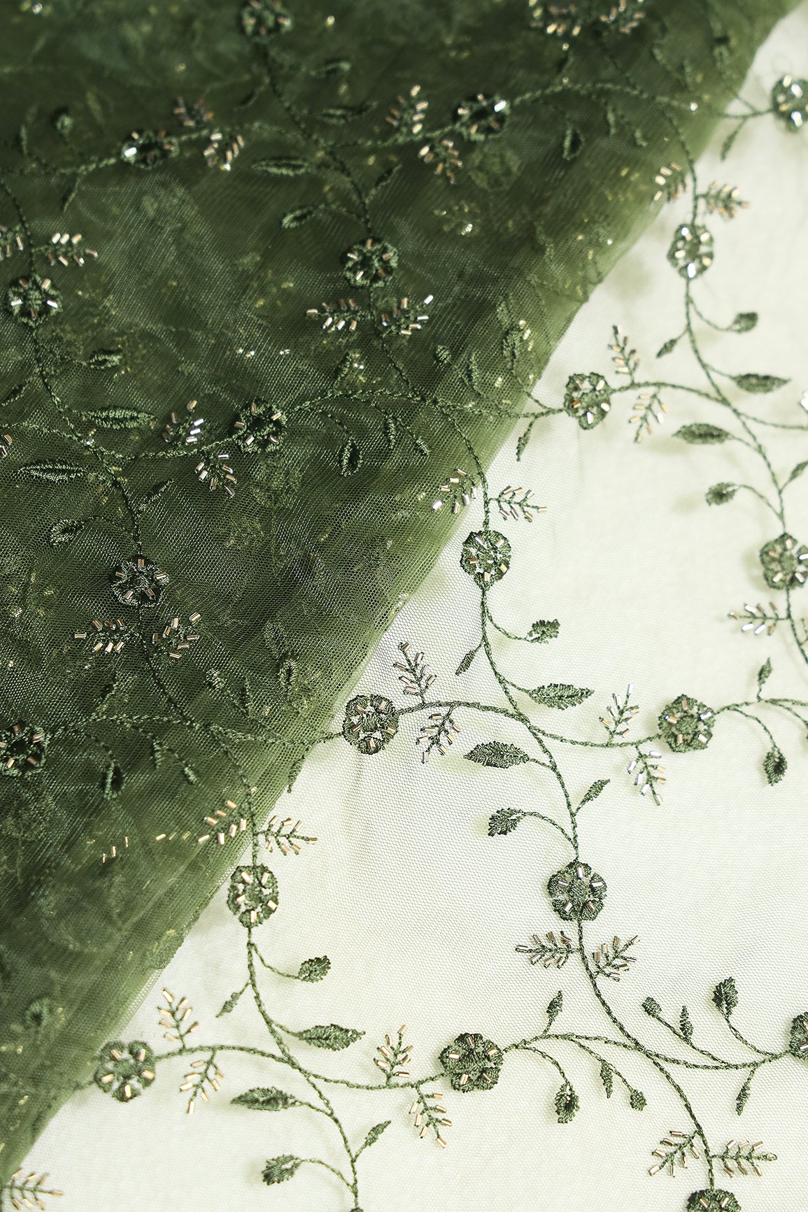 Mehndi Green Thread With Beads Floral Leafy Embroidery Work On Mehndi Green Soft Net Fabric