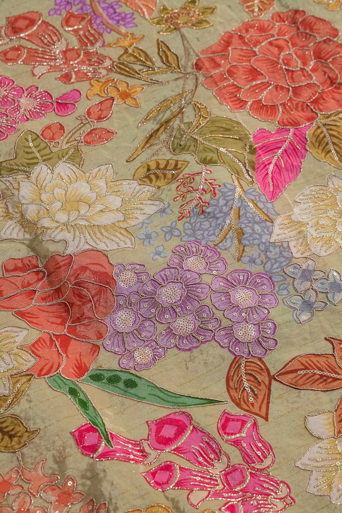 Zari with Sequins Floral Positional Print On Pastel Olive Pure Crepe Fabric
