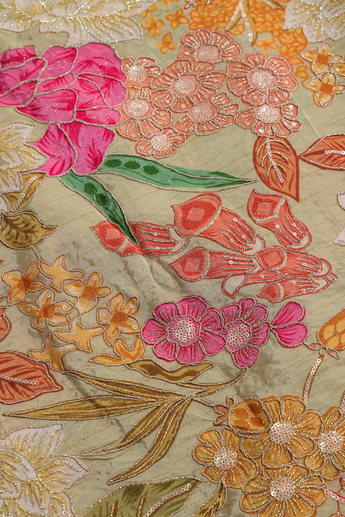 Zari with Sequins Floral Positional Print On Pastel Olive Pure Crepe Fabric