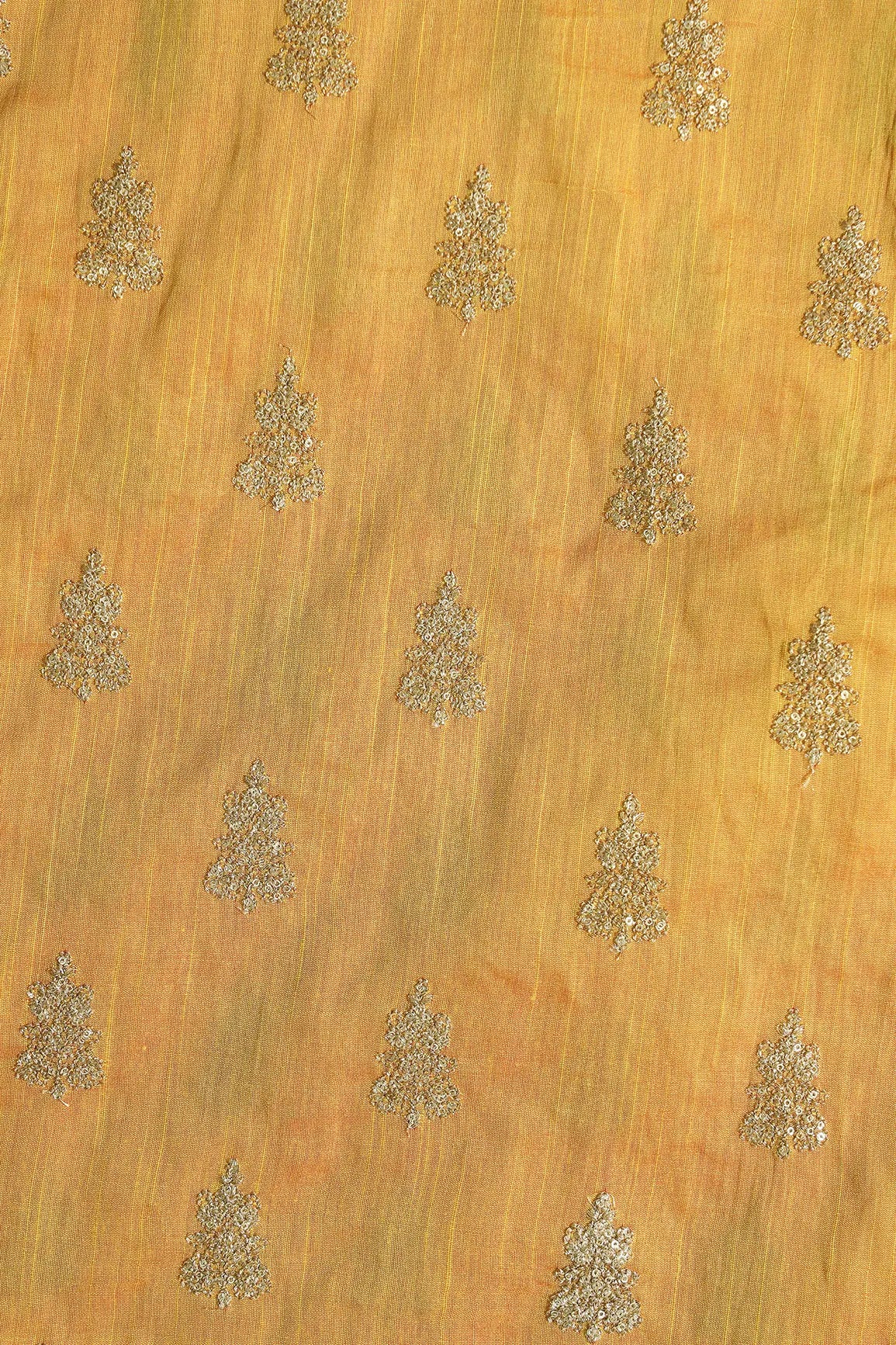 Gold Sequins With Gold Zari Big Motif Embroidery Work On Yellow Raw Silk Fabric