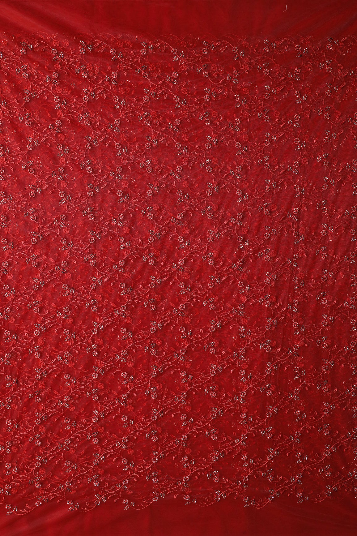 Red Thread With Beads Floral Leafy Embroidery Work On Red Soft Net Fabric