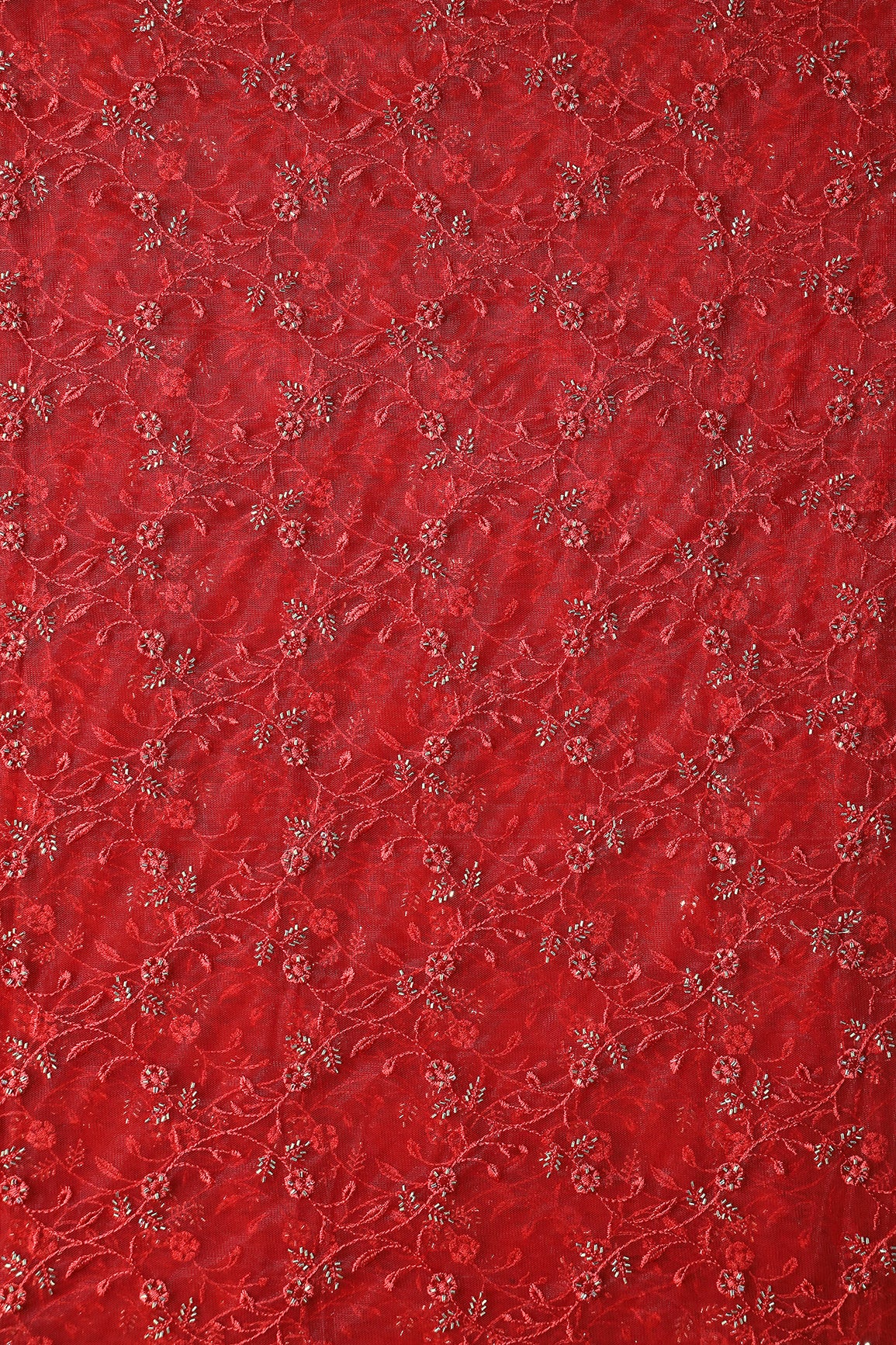 Red Thread With Beads Floral Leafy Embroidery Work On Red Soft Net Fabric