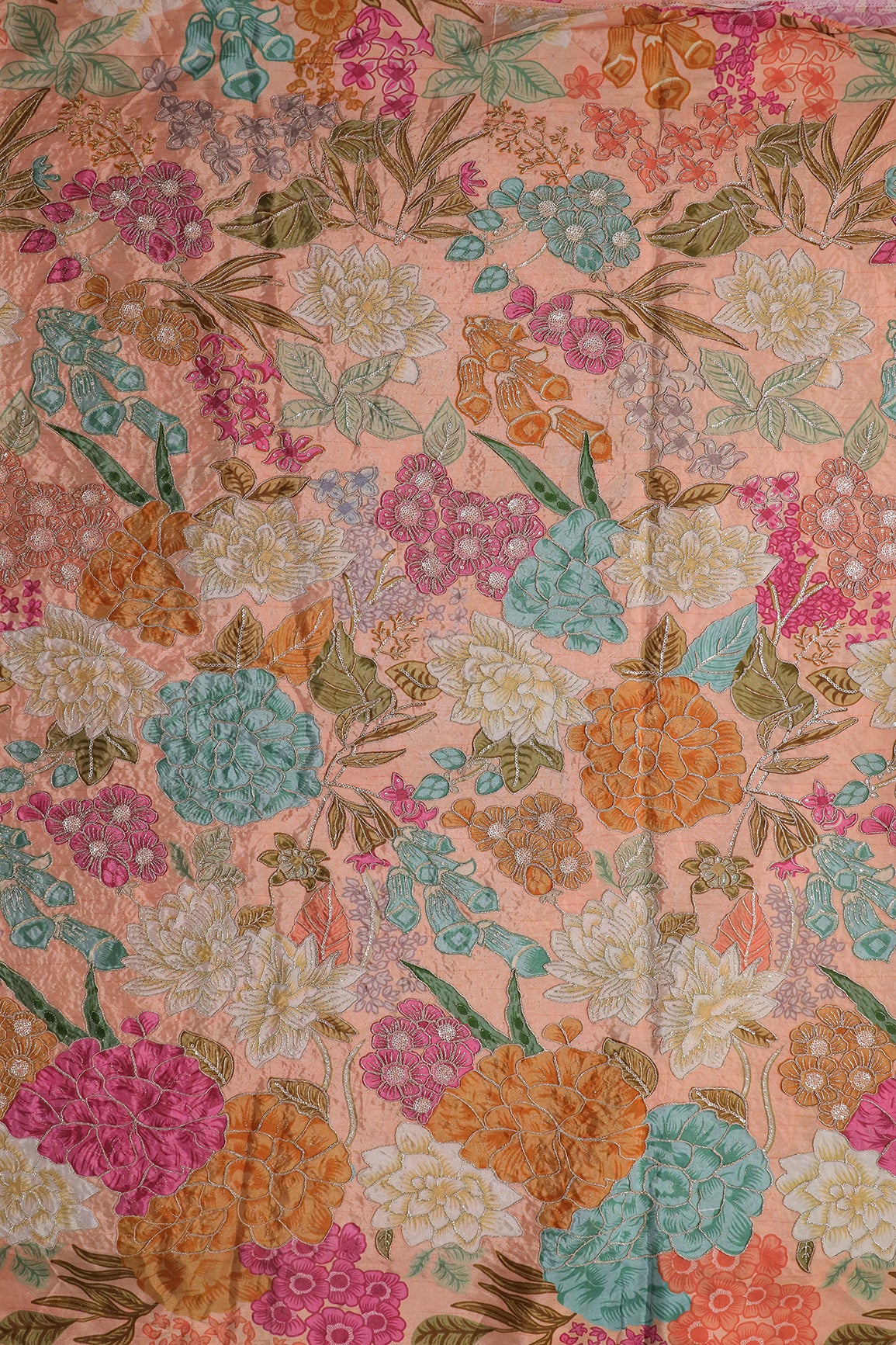 Zari with Sequins Floral Positional Print On Peach Pure Crepe Fabric