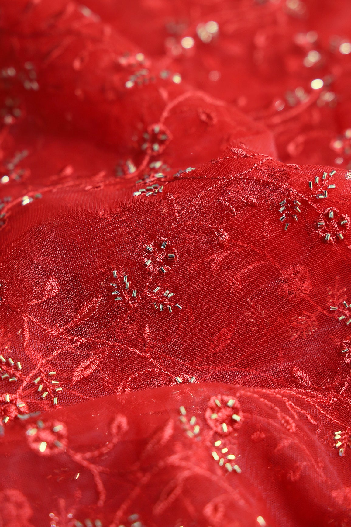 Red Thread With Beads Floral Leafy Embroidery Work On Red Soft Net Fabric