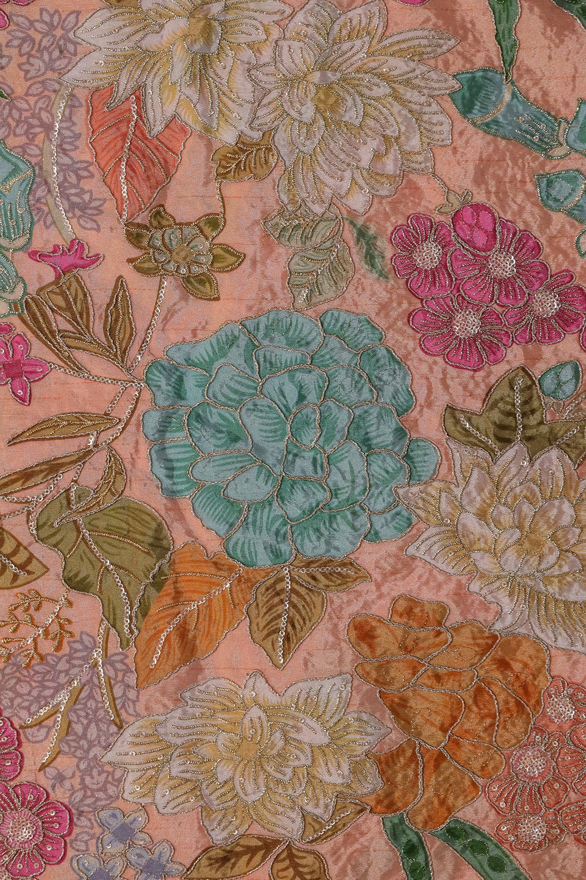 Zari with Sequins Floral Positional Print On Peach Pure Crepe Fabric