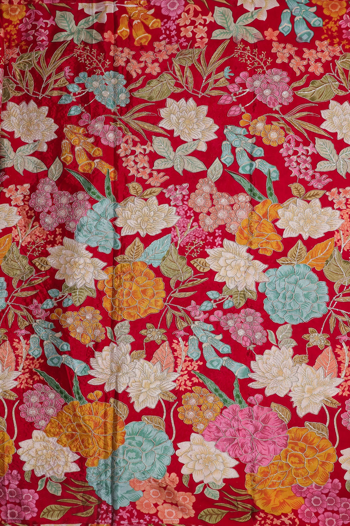 Zari with Sequins Floral Positional Print On Red Pure Crepe Fabric