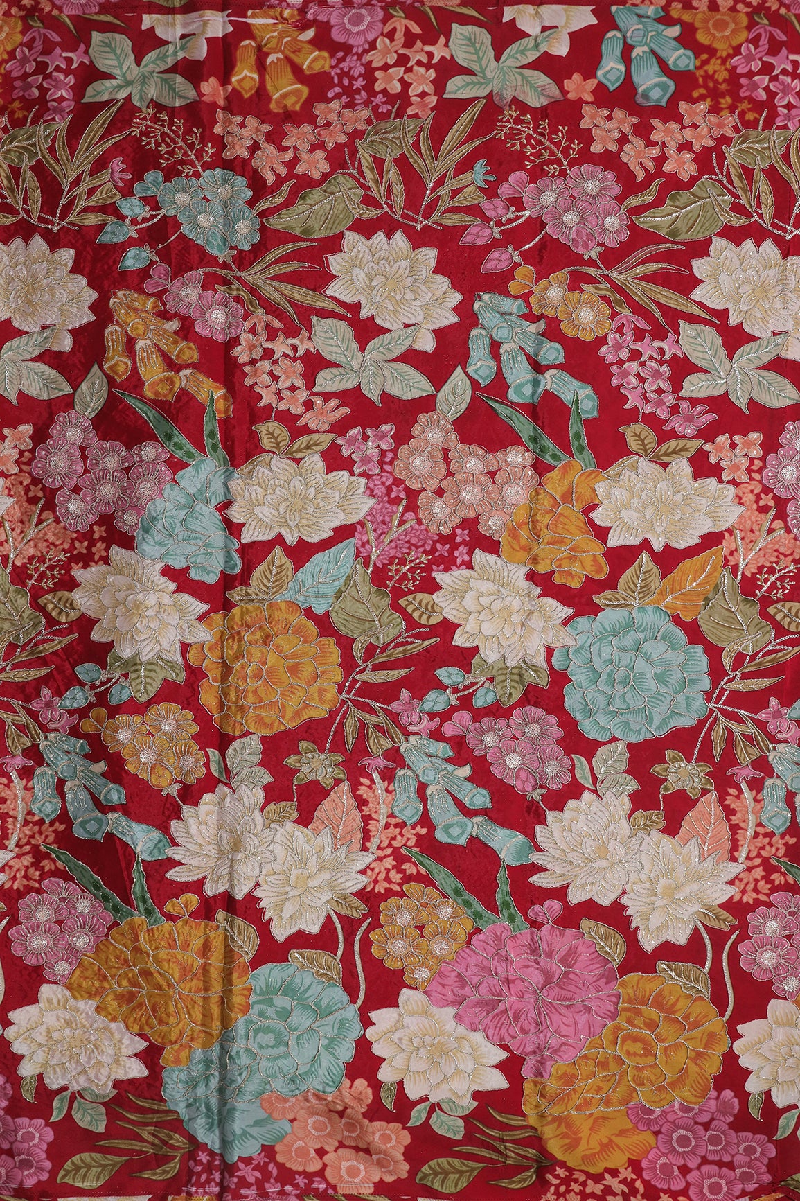 Zari with Sequins Floral Positional Print On Red Pure Crepe Fabric