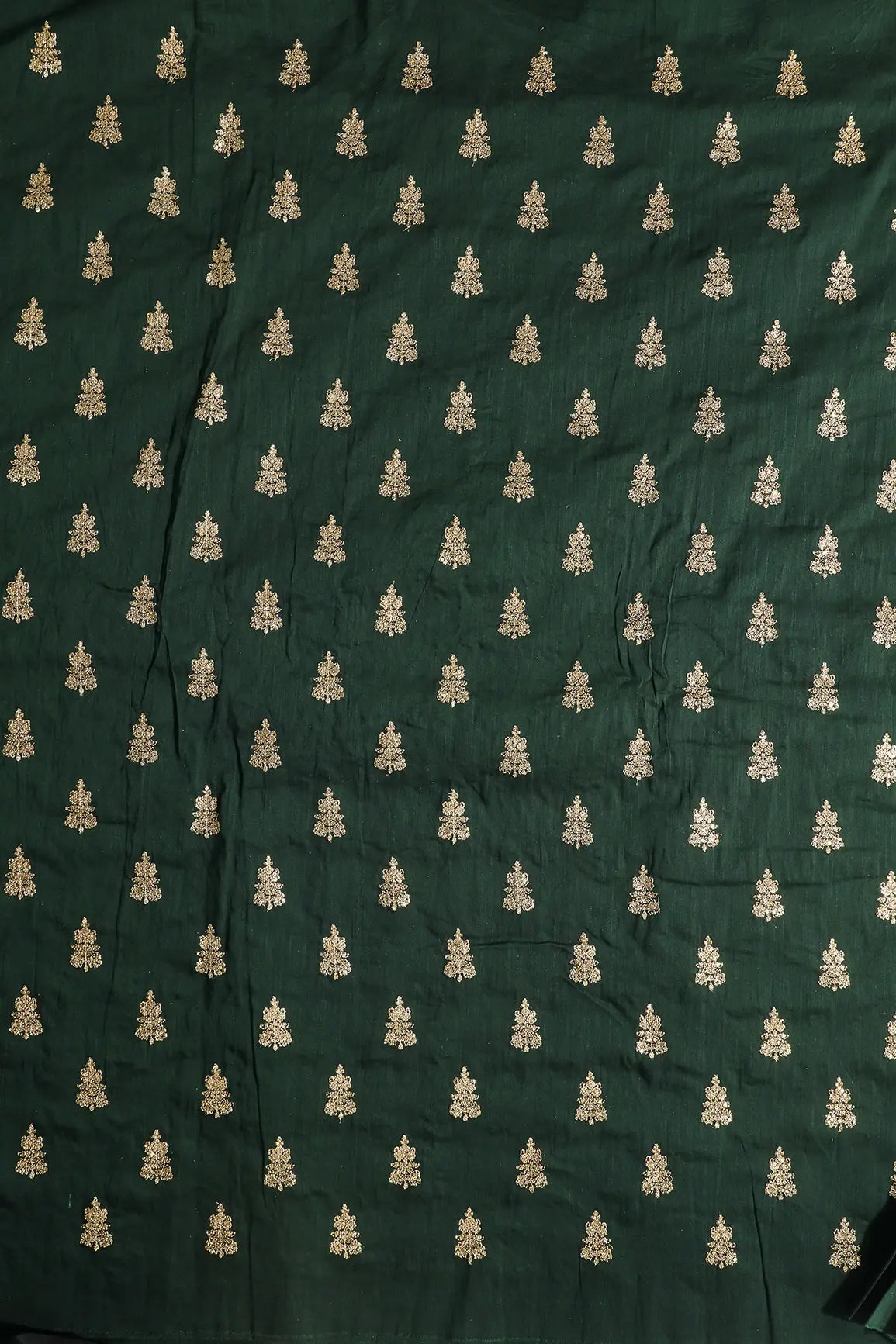 Gold Sequins With Gold Zari Big Motif Embroidery Work On Bottle Green Raw Silk Fabric