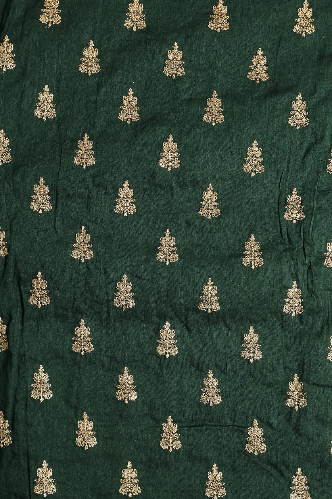Gold Sequins With Gold Zari Big Motif Embroidery Work On Bottle Green Raw Silk Fabric