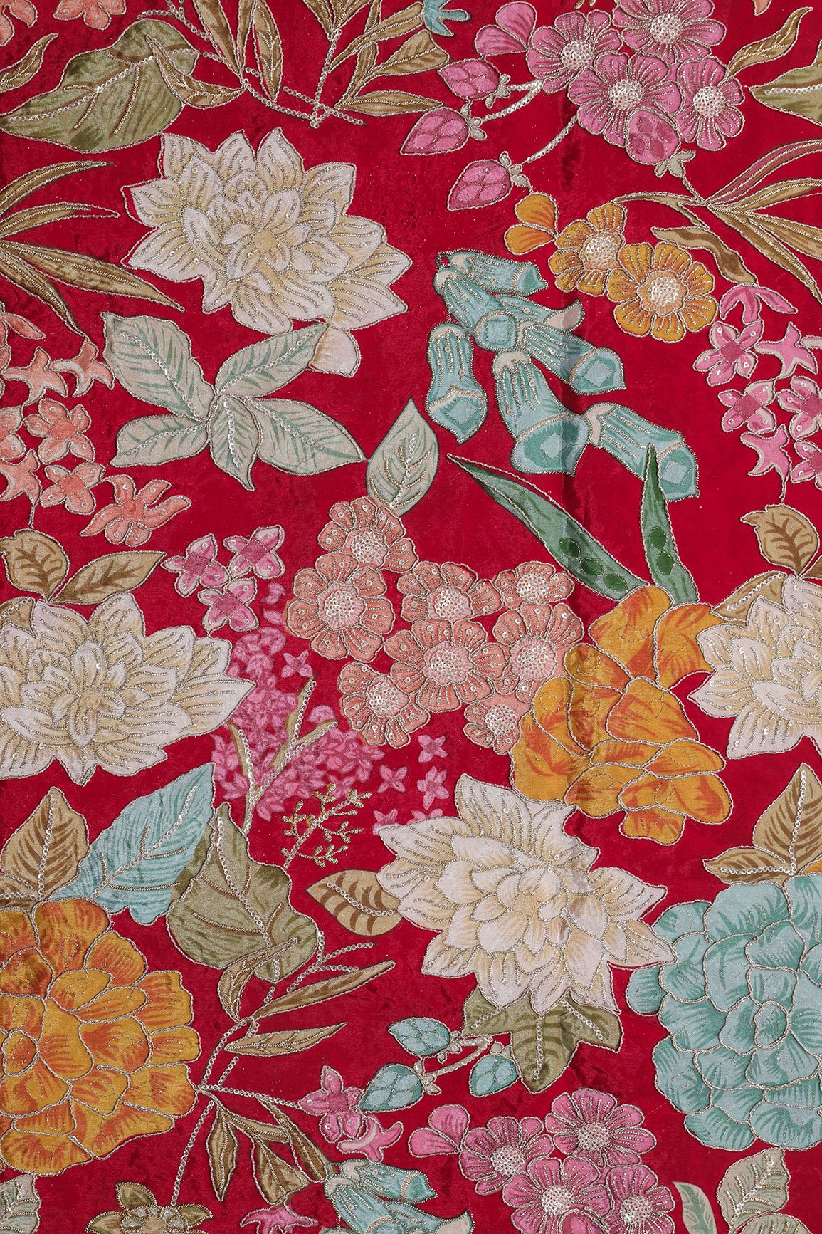Zari with Sequins Floral Positional Print On Red Pure Crepe Fabric