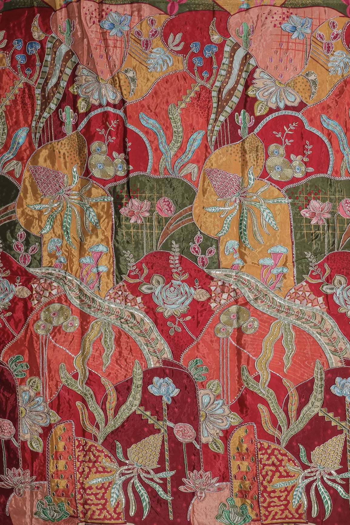 Gold Zari with Sequins Floral Positional Print On Multi Color Pure Crepe Fabric