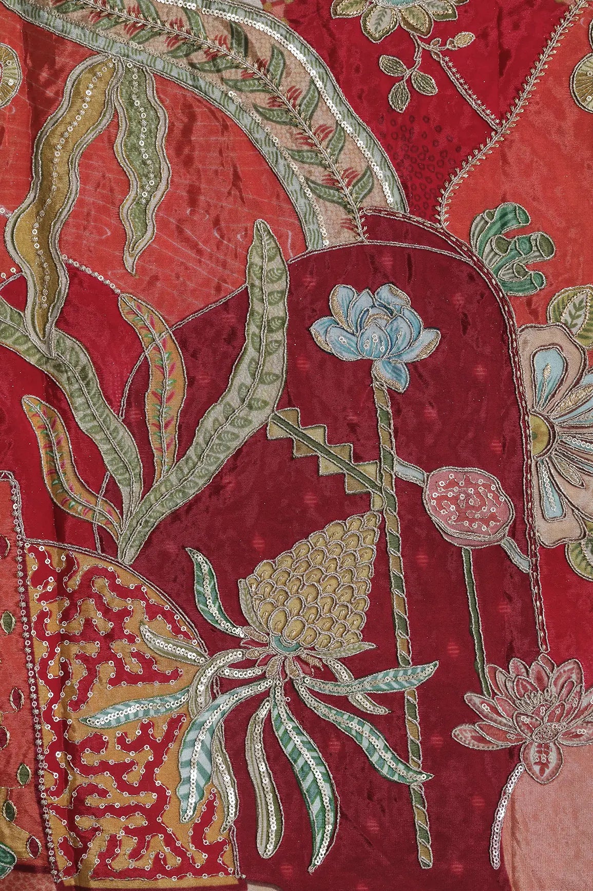 Gold Zari with Sequins Floral Positional Print On Multi Color Pure Crepe Fabric
