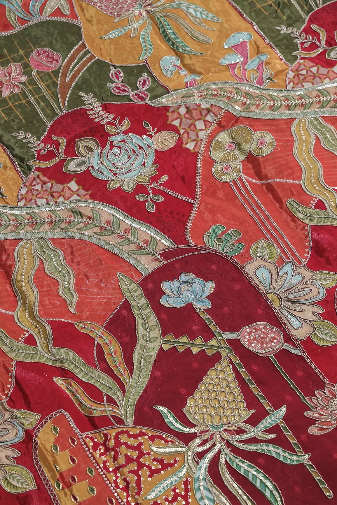 Gold Zari with Sequins Floral Positional Print On Multi Color Pure Crepe Fabric