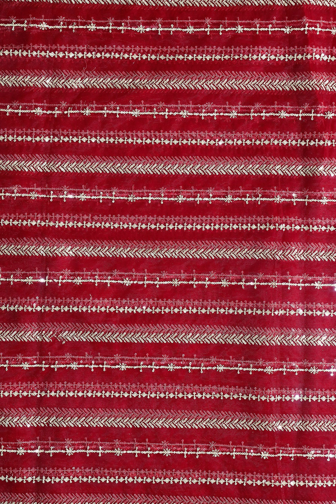Gold Beads With Gold Sequins Beautiful Stripes Embroidery Work On Red Soft Net Fabric