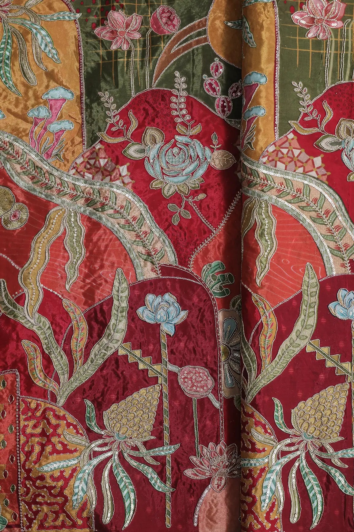 Gold Zari with Sequins Floral Positional Print On Multi Color Pure Crepe Fabric