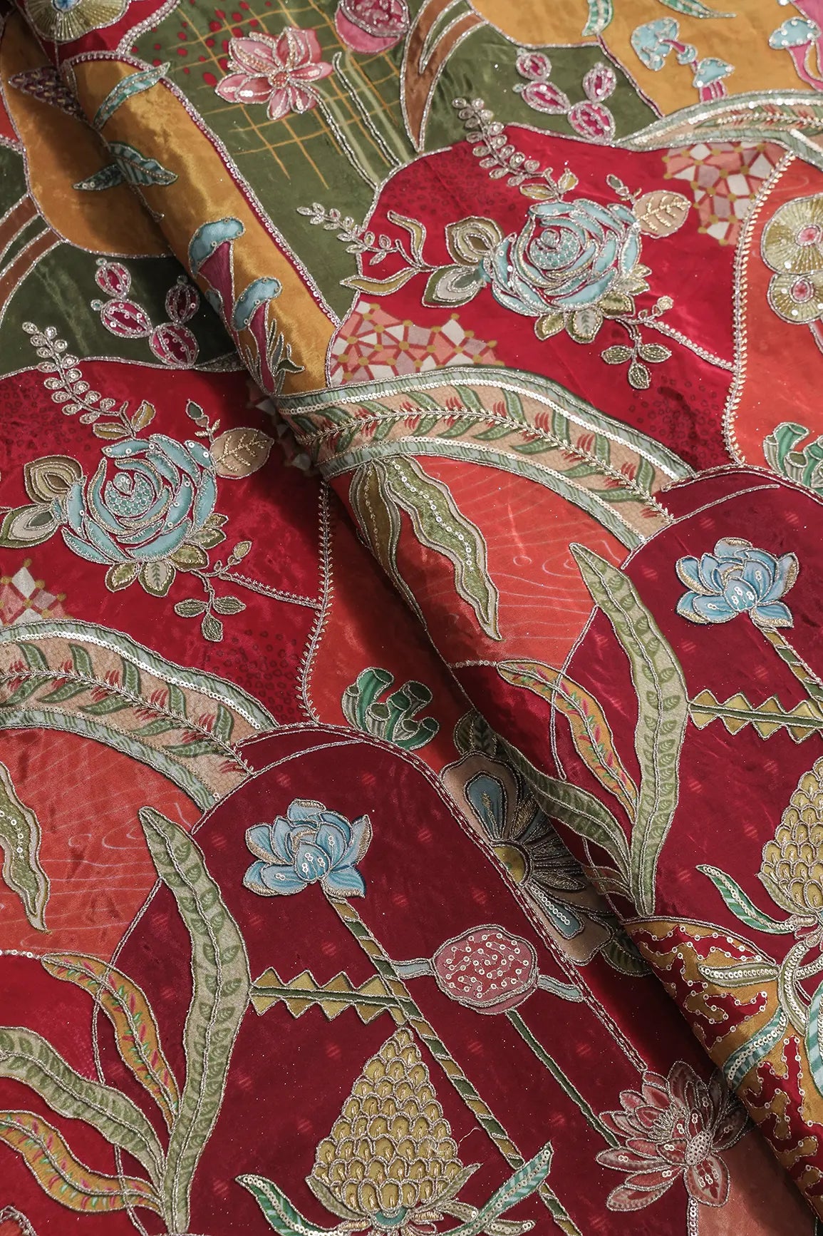 Gold Zari with Sequins Floral Positional Print On Multi Color Pure Crepe Fabric