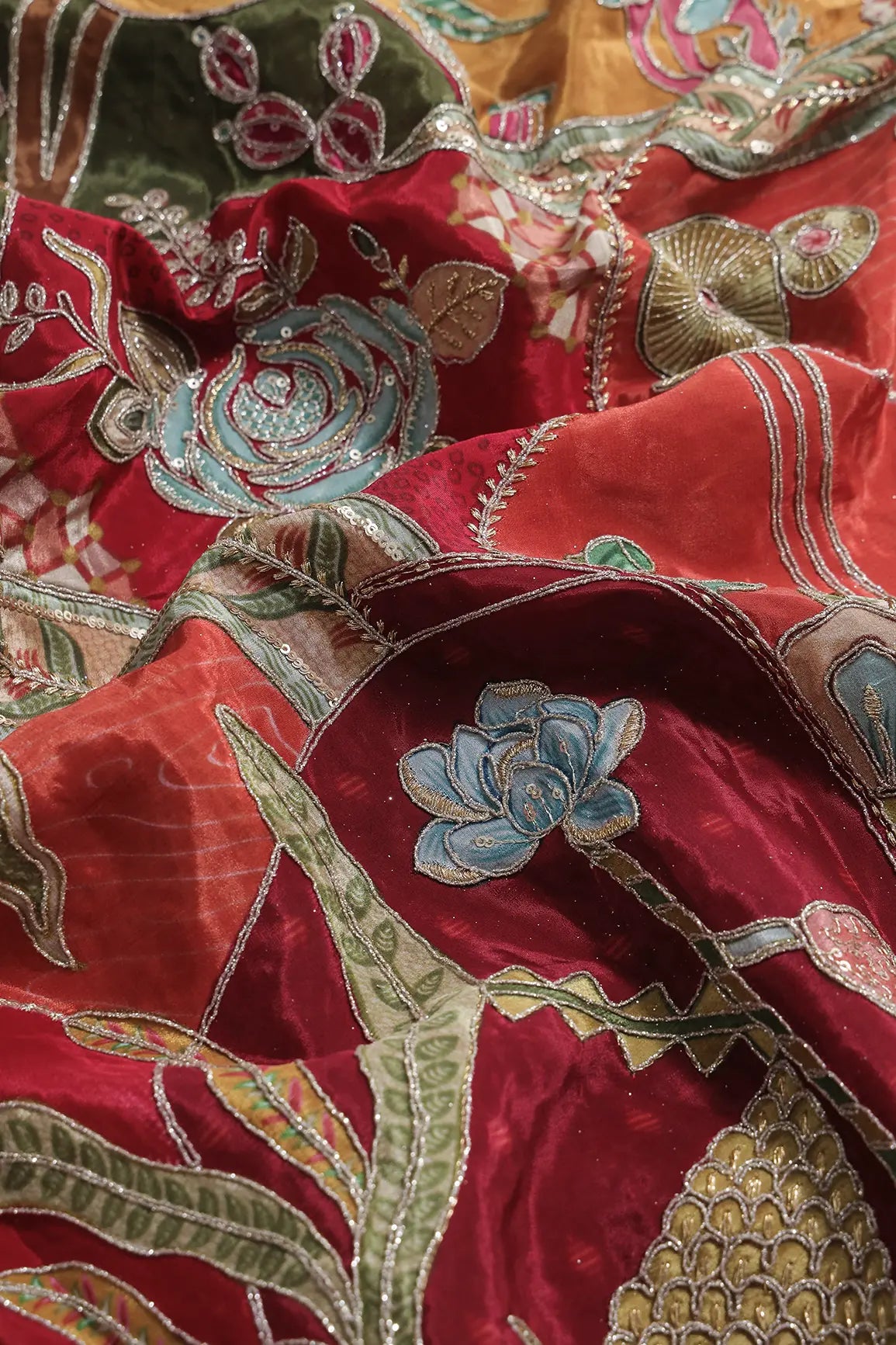 Gold Zari with Sequins Floral Positional Print On Multi Color Pure Crepe Fabric