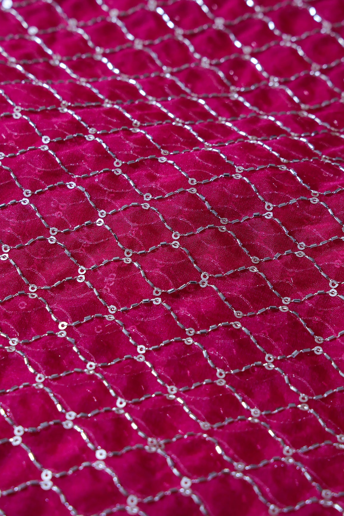 Cut Dana Beads Beautiful Ogee Embroidery On Fuchsia Organza Fabric