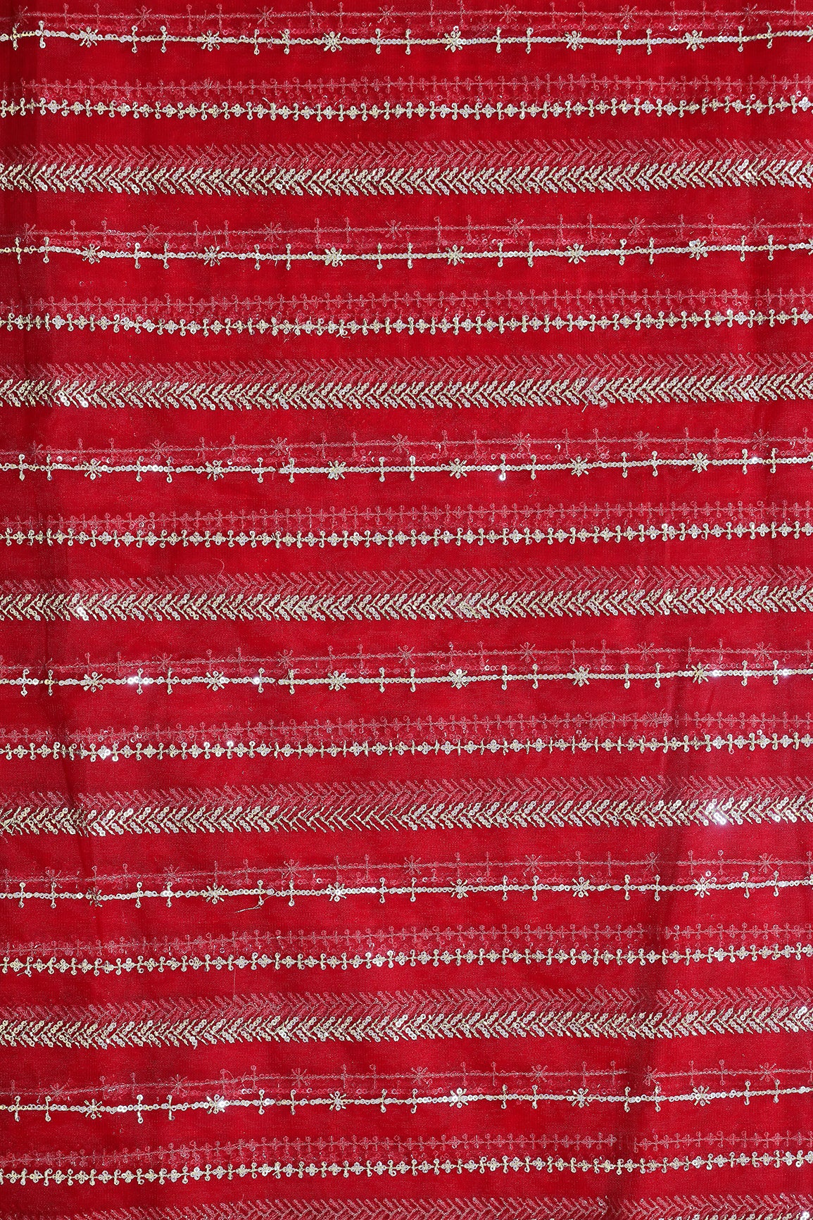 Gold Beads With Gold Sequins Beautiful Stripes Embroidery Work On Bright Red Soft Net Fabric