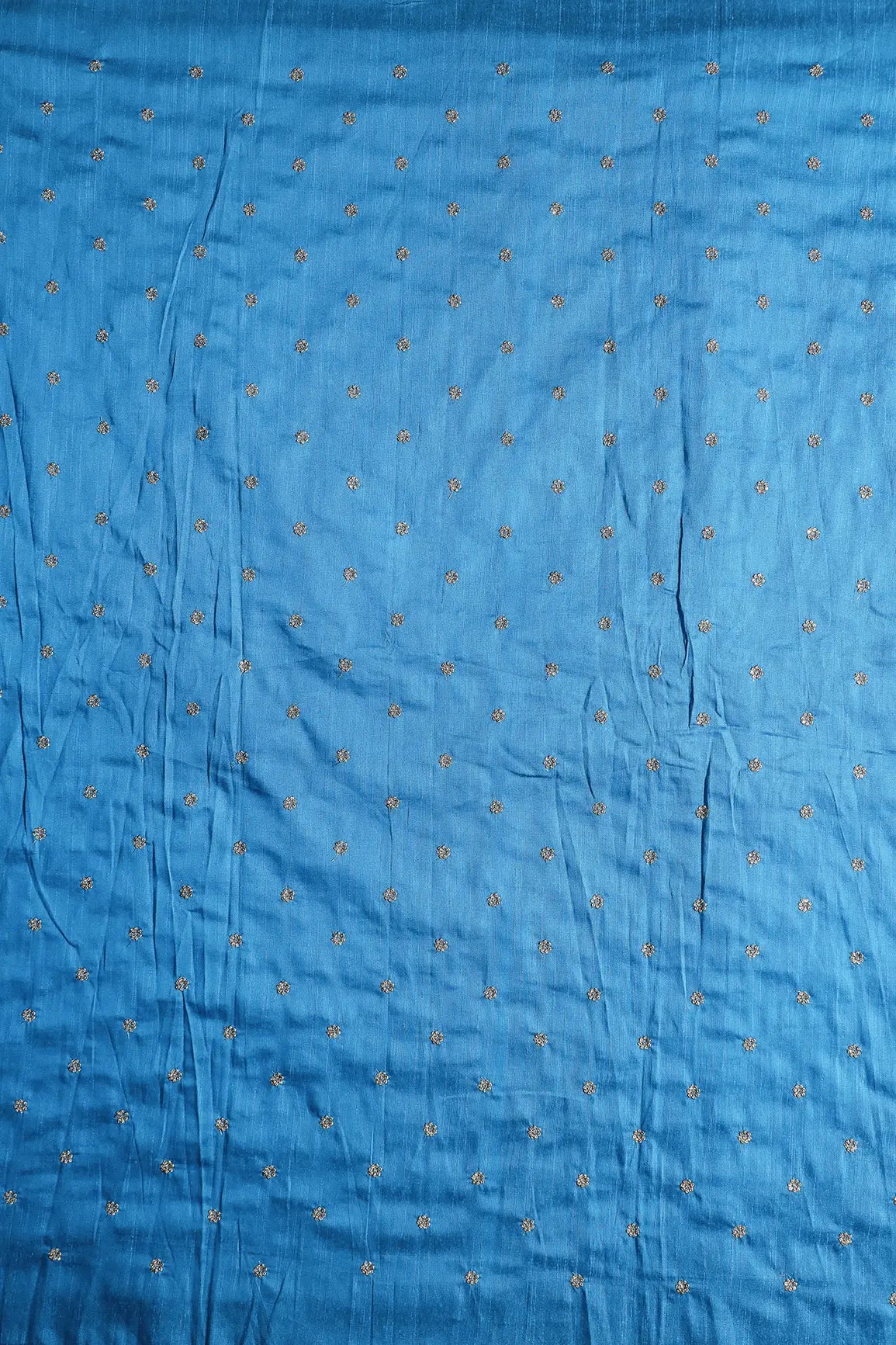 Gold Sequins With Gold Zari Small Motif Embroidery Work On Rama Blue Raw Silk Fabric