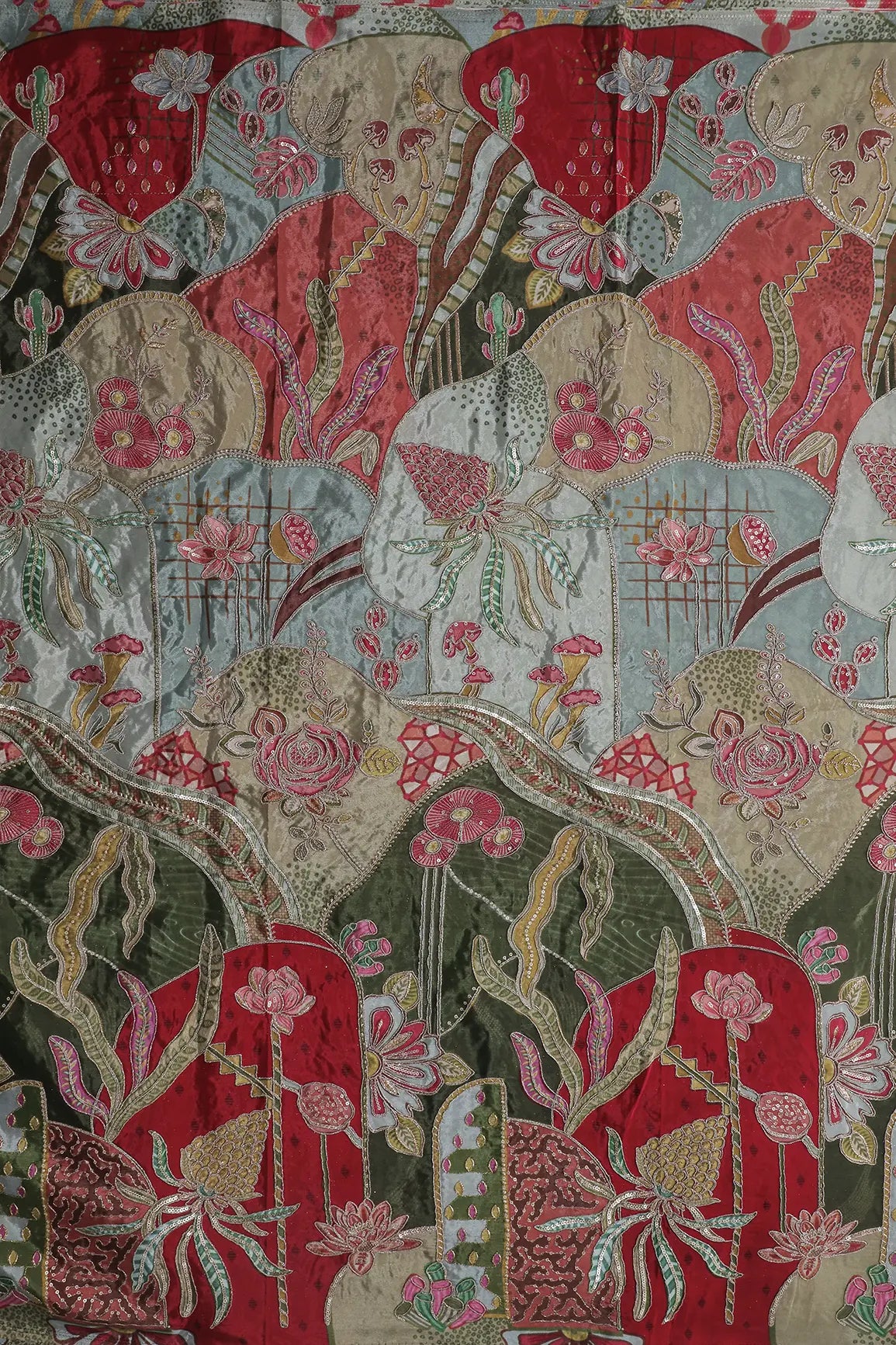 Gold Zari with Sequins Floral Positional Print On Red & Olive Pure Crepe Fabric