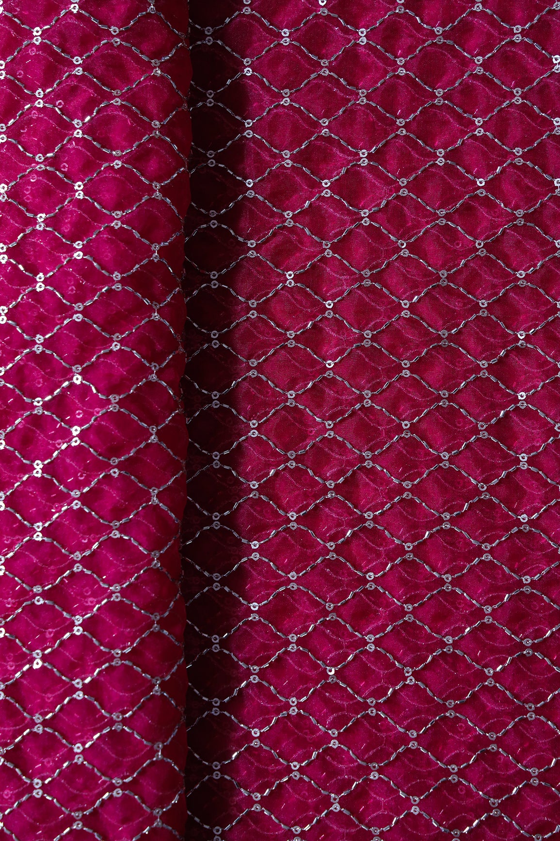 Cut Dana Beads Beautiful Ogee Embroidery On Fuchsia Organza Fabric