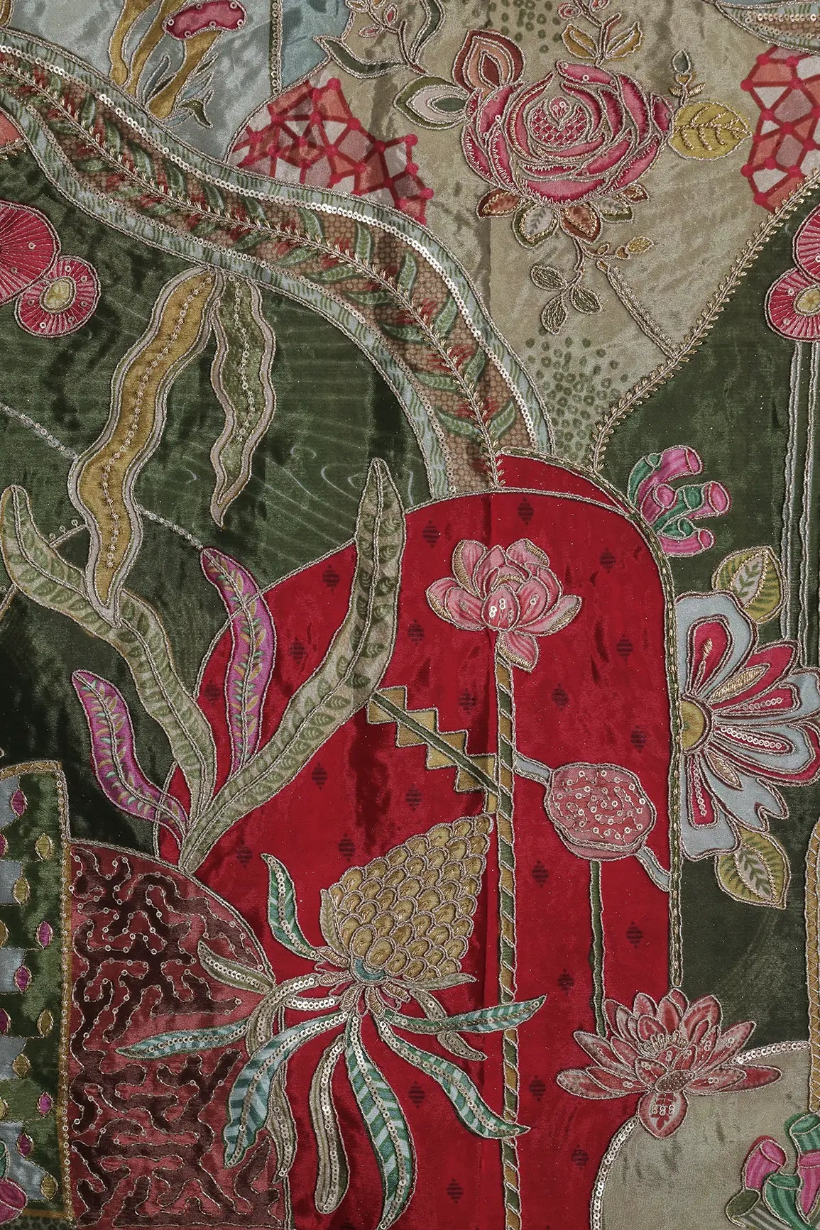 Gold Zari with Sequins Floral Positional Print On Red & Olive Pure Crepe Fabric