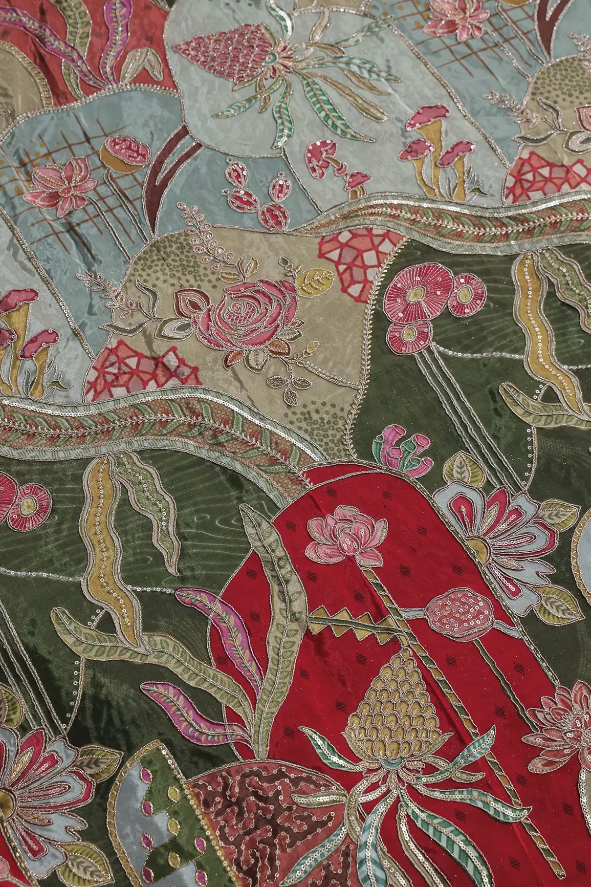 Gold Zari with Sequins Floral Positional Print On Red & Olive Pure Crepe Fabric