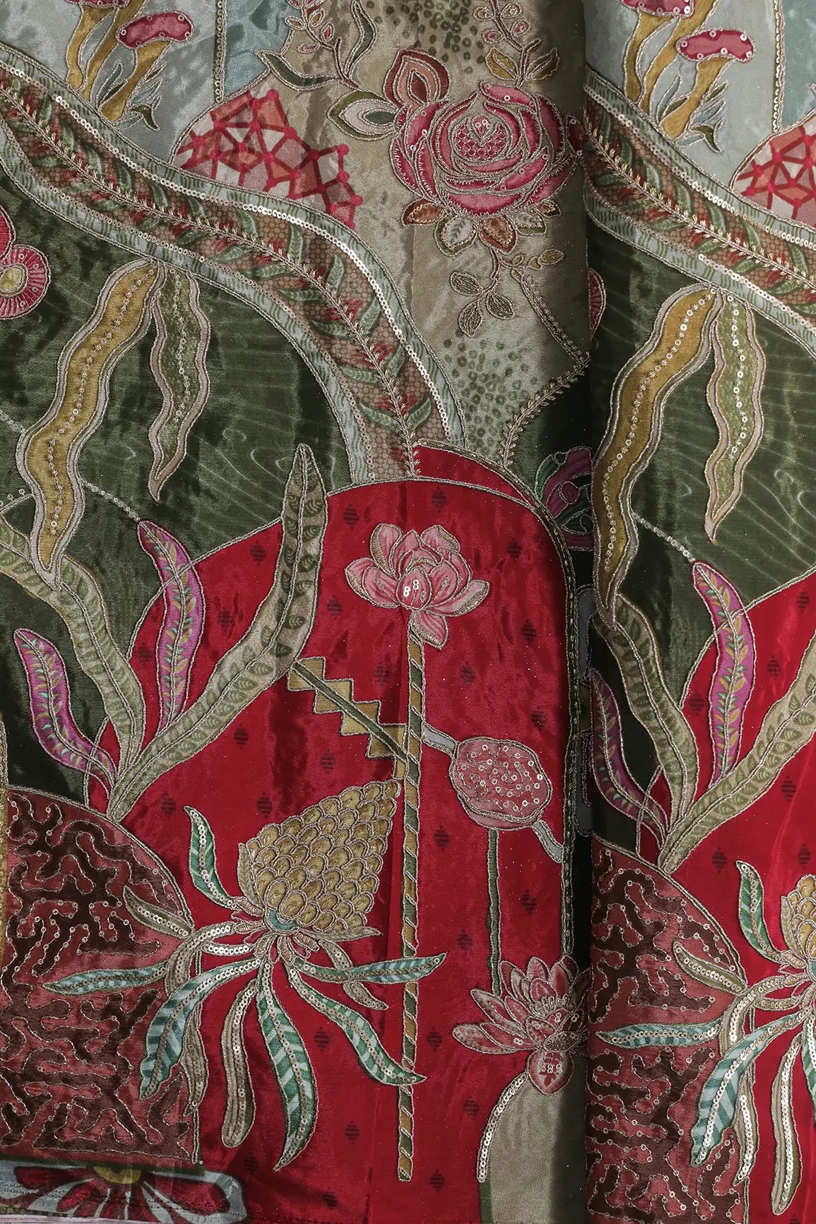 Gold Zari with Sequins Floral Positional Print On Red & Olive Pure Crepe Fabric
