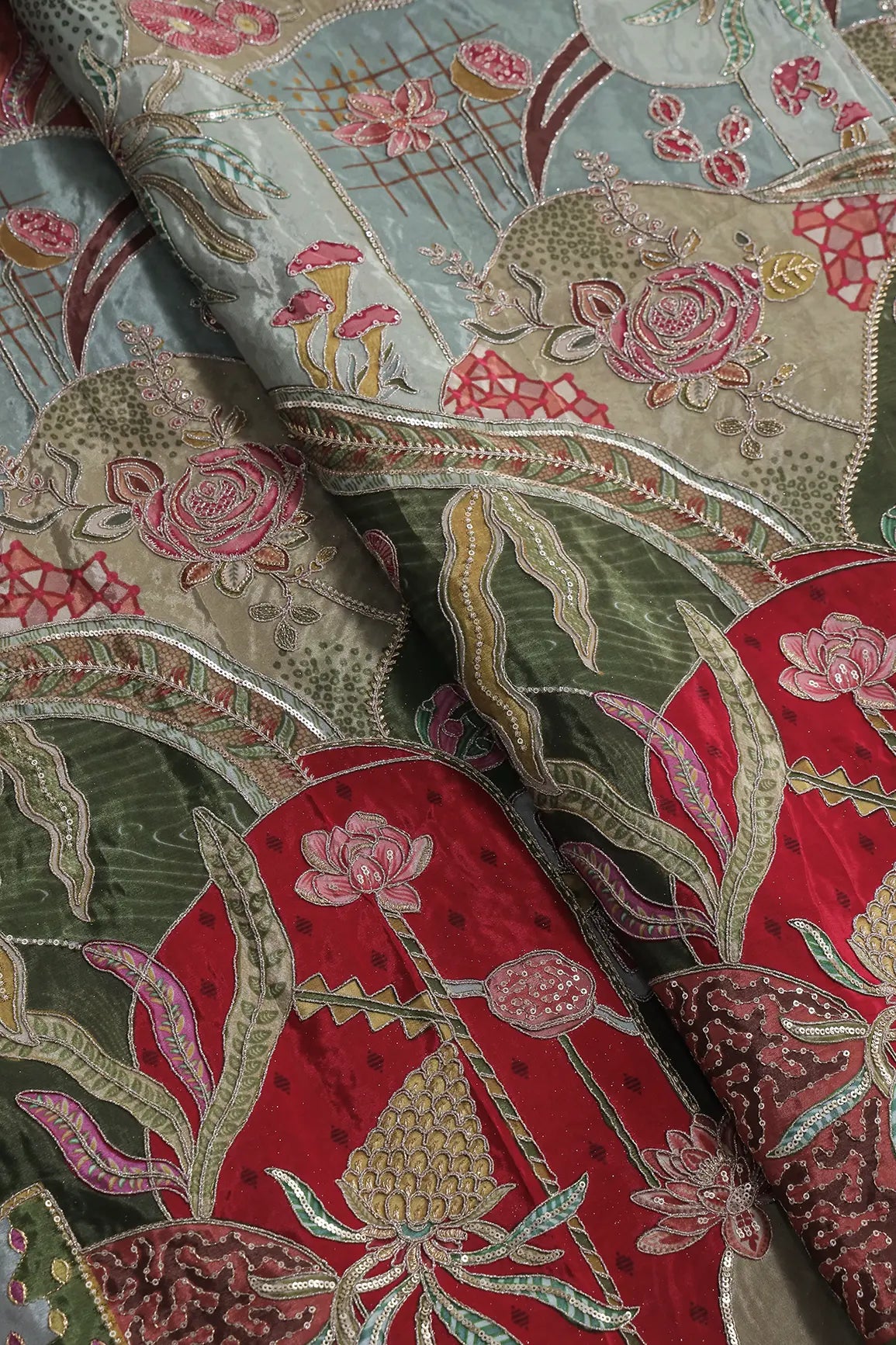 Gold Zari with Sequins Floral Positional Print On Red & Olive Pure Crepe Fabric