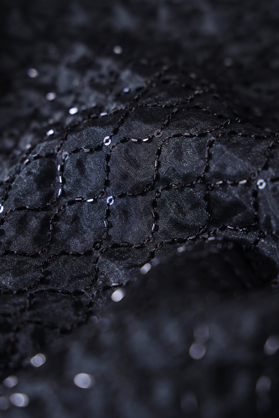 Cut Dana Beads Beautiful Ogee Embroidery On Black Organza Fabric