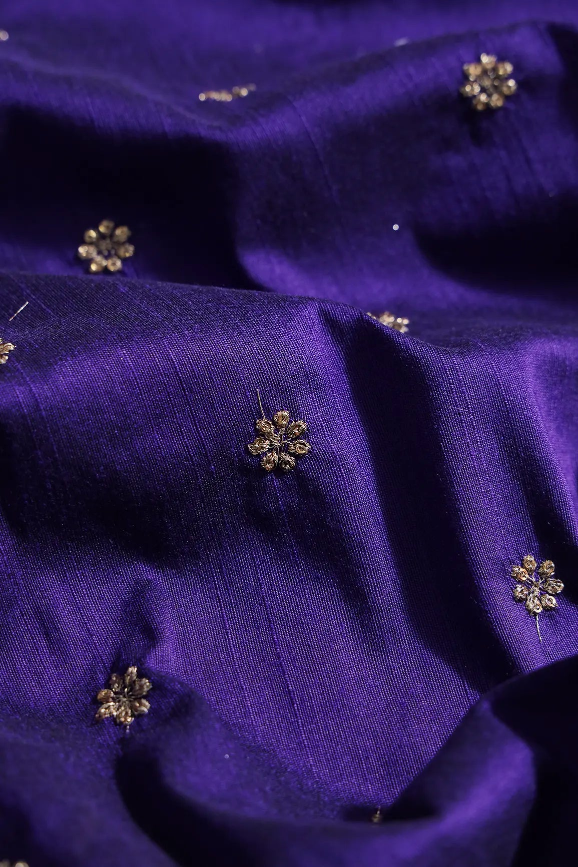 Gold Sequins With Gold Zari Small Motif Embroidery Work On Purple Raw Silk Fabric