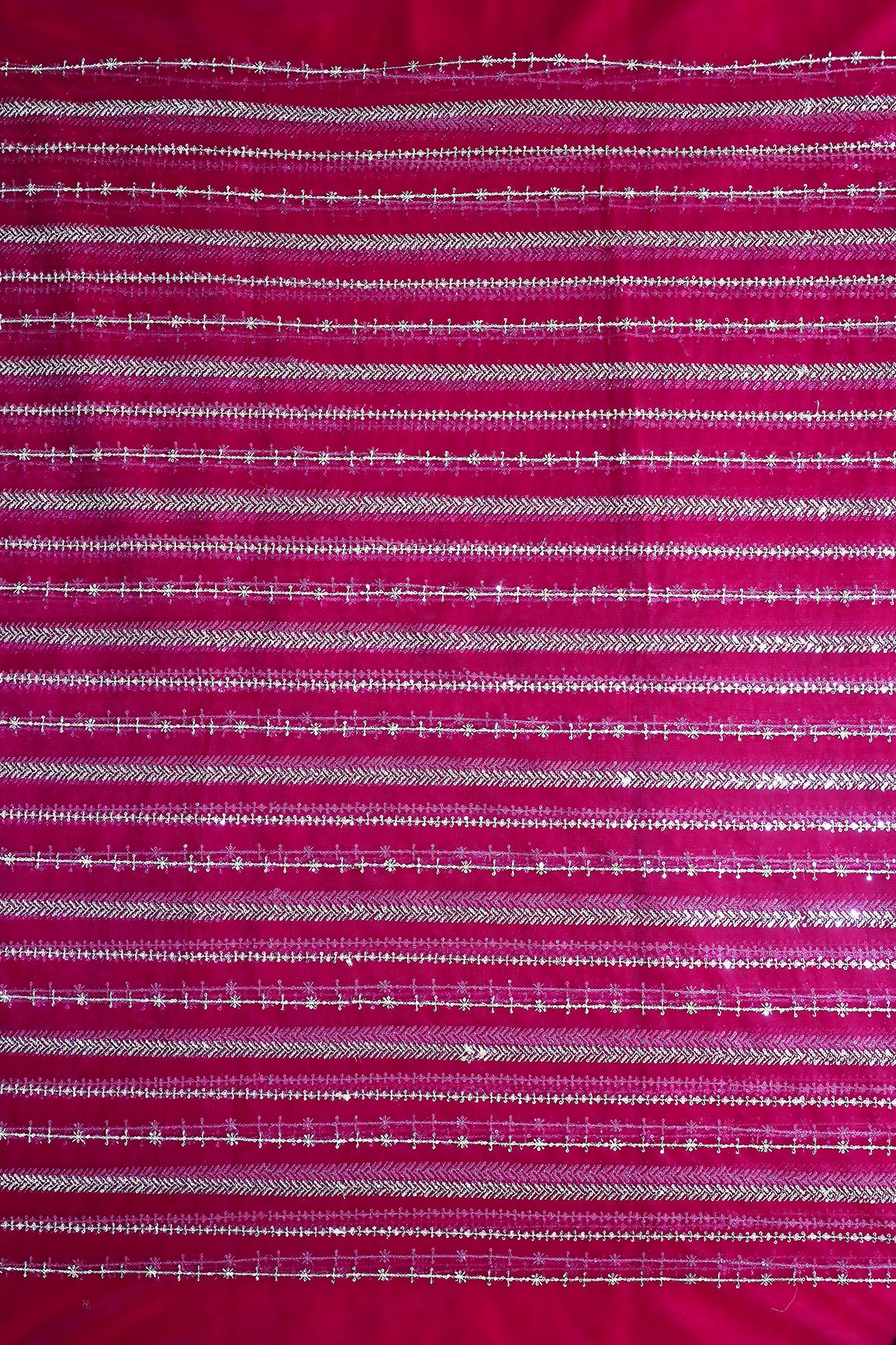 Gold Beads With Gold Sequins Beautiful Stripes Embroidery Work On Fuchsia Soft Net Fabric