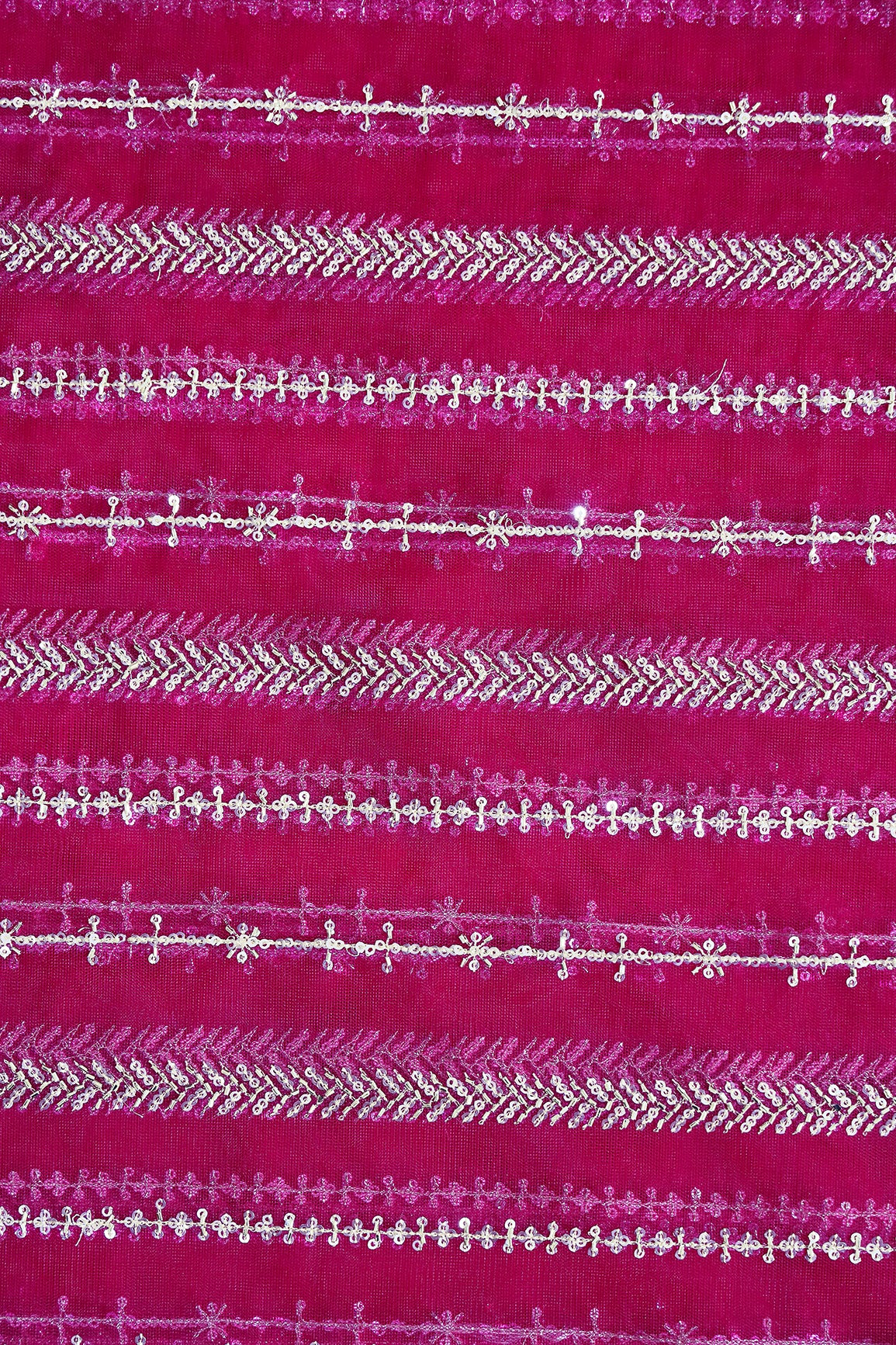 Gold Beads With Gold Sequins Beautiful Stripes Embroidery Work On Fuchsia Soft Net Fabric