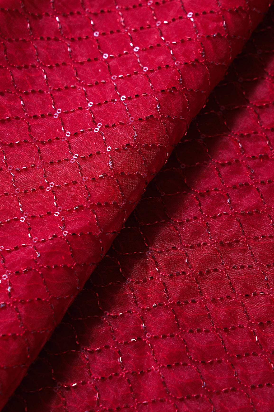 Cut Dana Beads Beautiful Ogee Embroidery On Red Organza Fabric