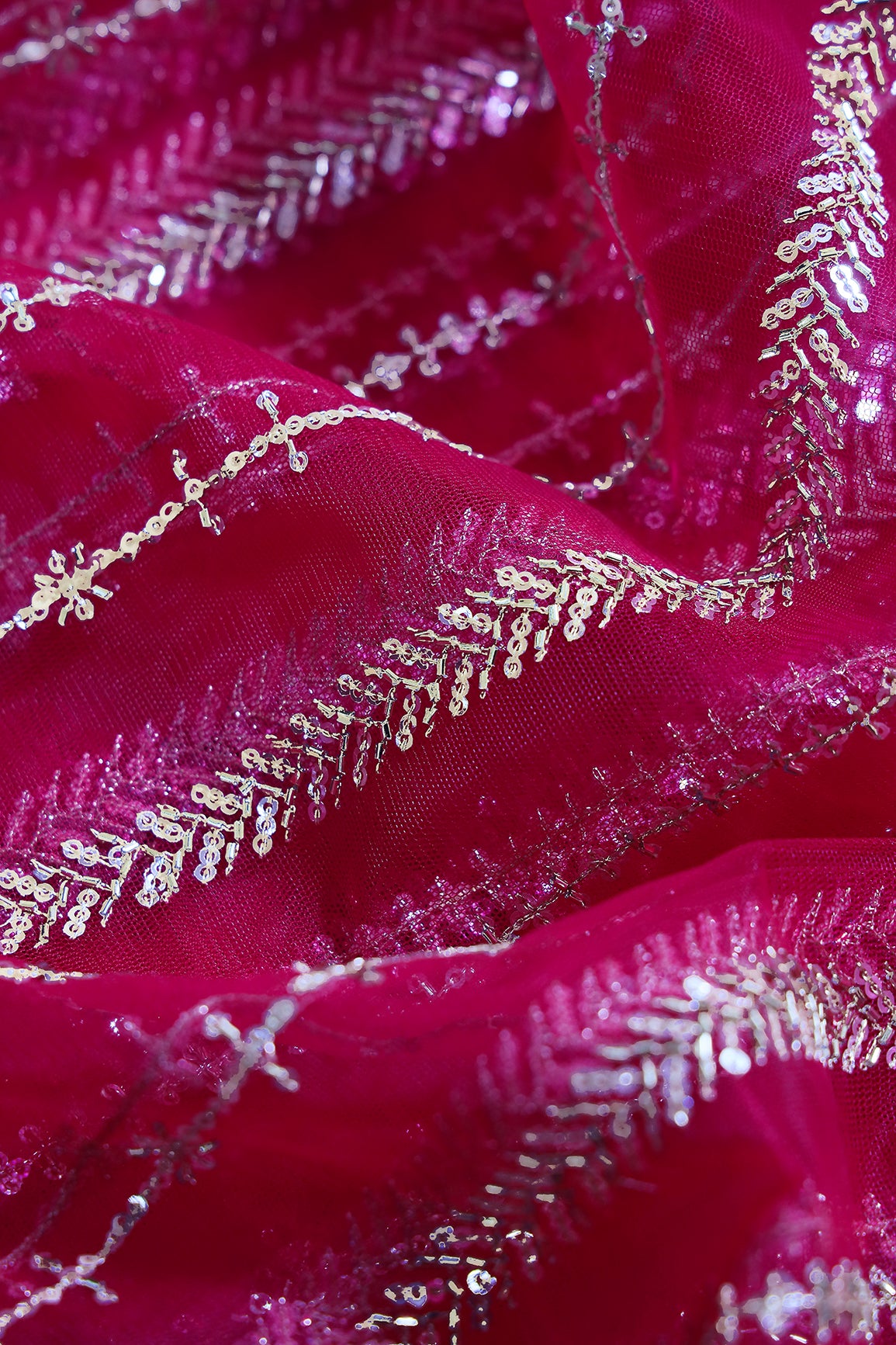 Gold Beads With Gold Sequins Beautiful Stripes Embroidery Work On Fuchsia Soft Net Fabric
