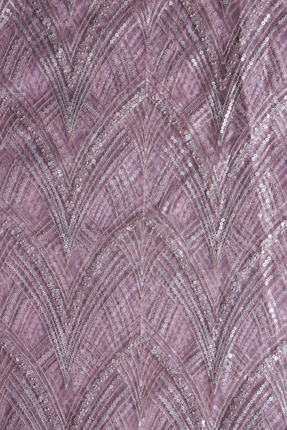 Mauve Thread With Gold And Silver Sequins Geometric Embroidery Work On Mauve Soft Net Fabric