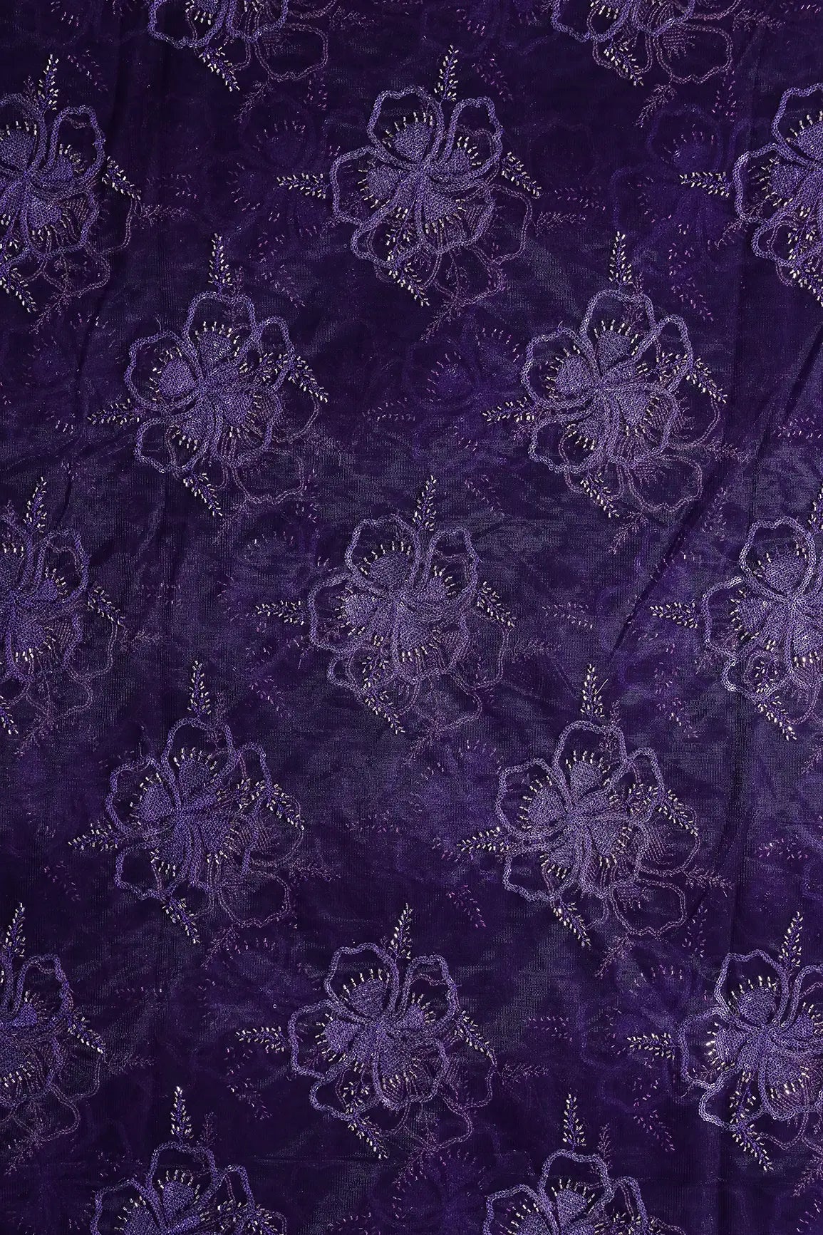 Purple Thread & Gold Beads With Water Sequins Floral Embroidery On Purple Soft Net Fabric