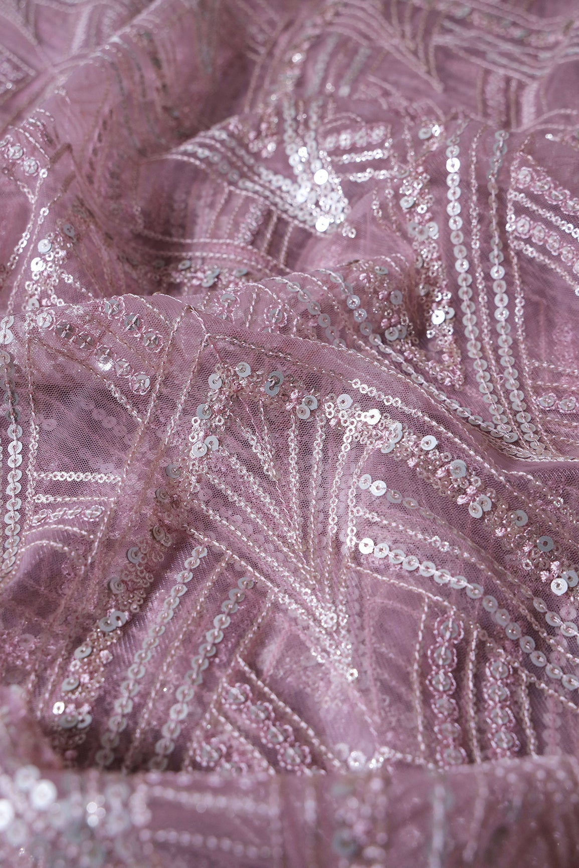 Mauve Thread With Gold And Silver Sequins Geometric Embroidery Work On Mauve Soft Net Fabric